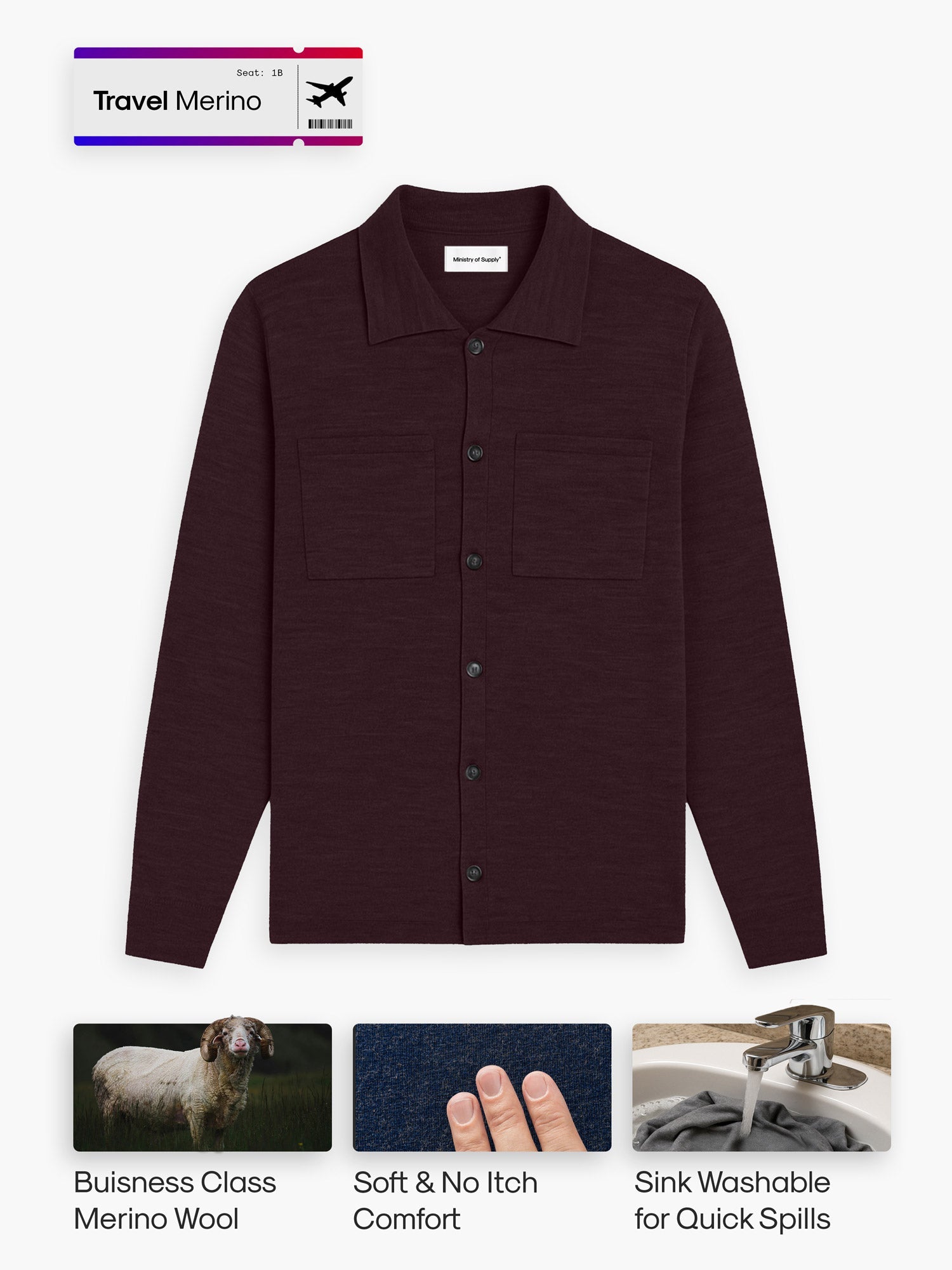 Men's Travel Merino Overshirt - Merlot