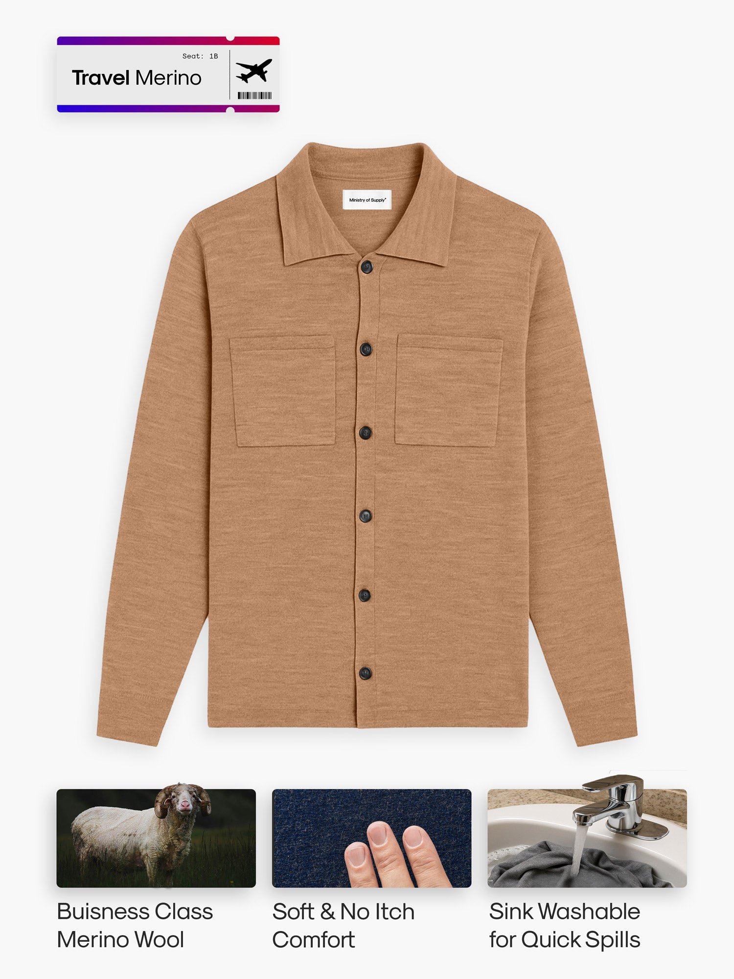 Men's Travel Merino Overshirt - Camel