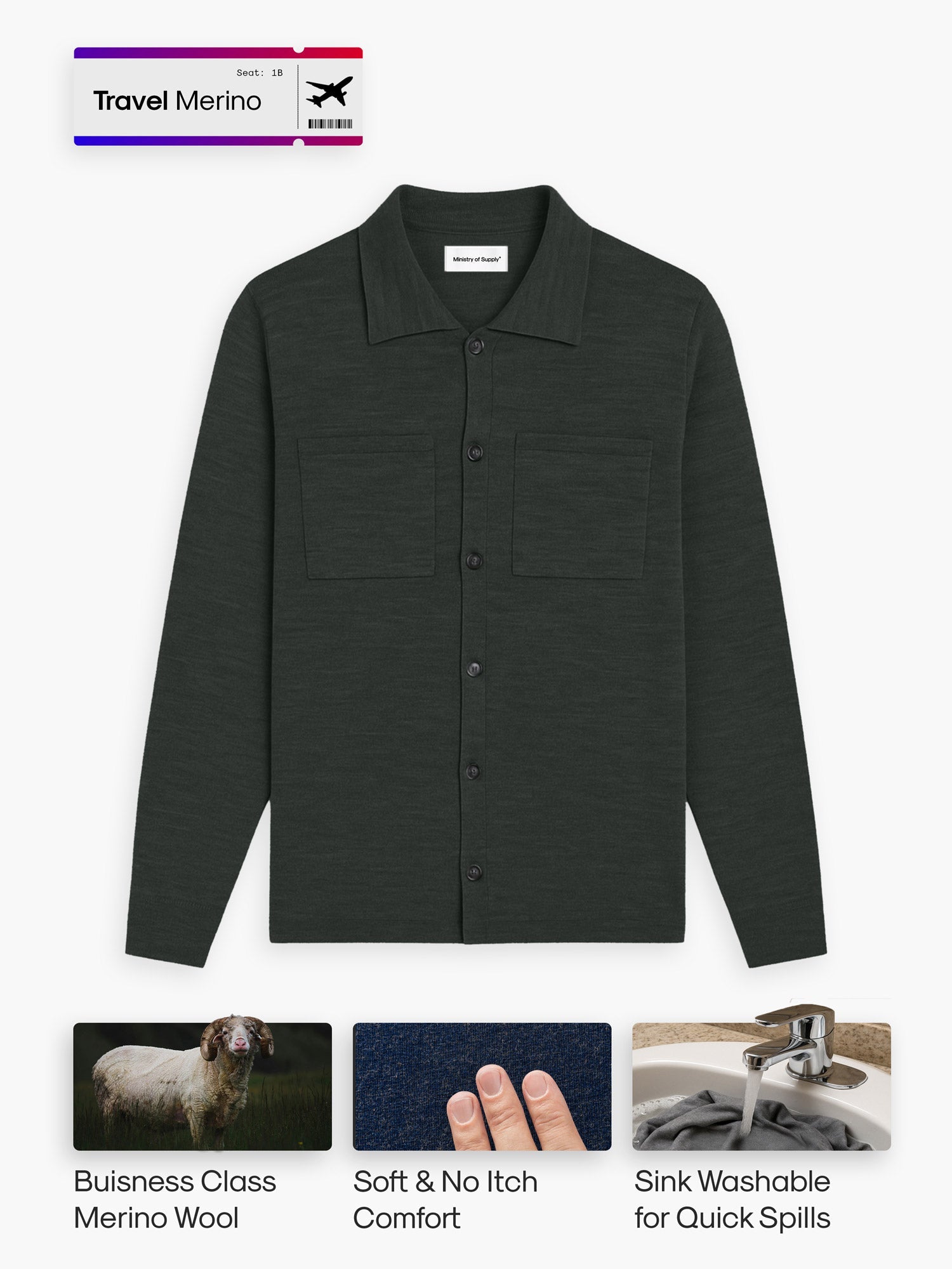Men's Travel Merino Overshirt - Dark Green Brown