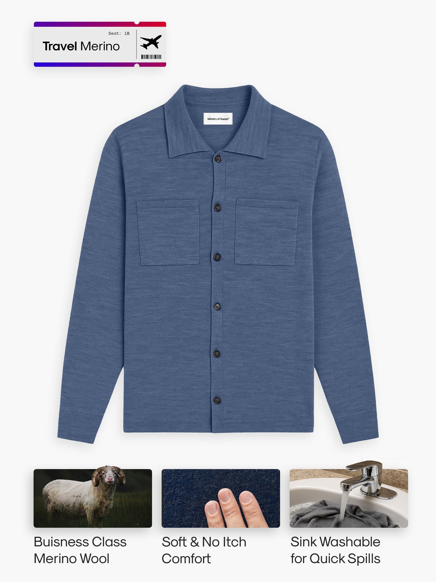 Men's Travel Merino Overshirt - Denim Blue