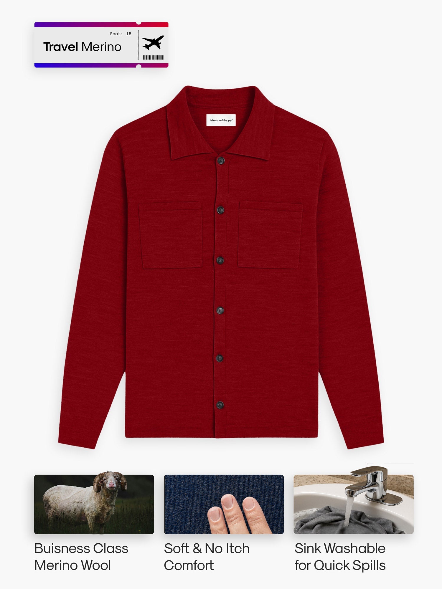 Men's Travel Merino Overshirt - Deep Red