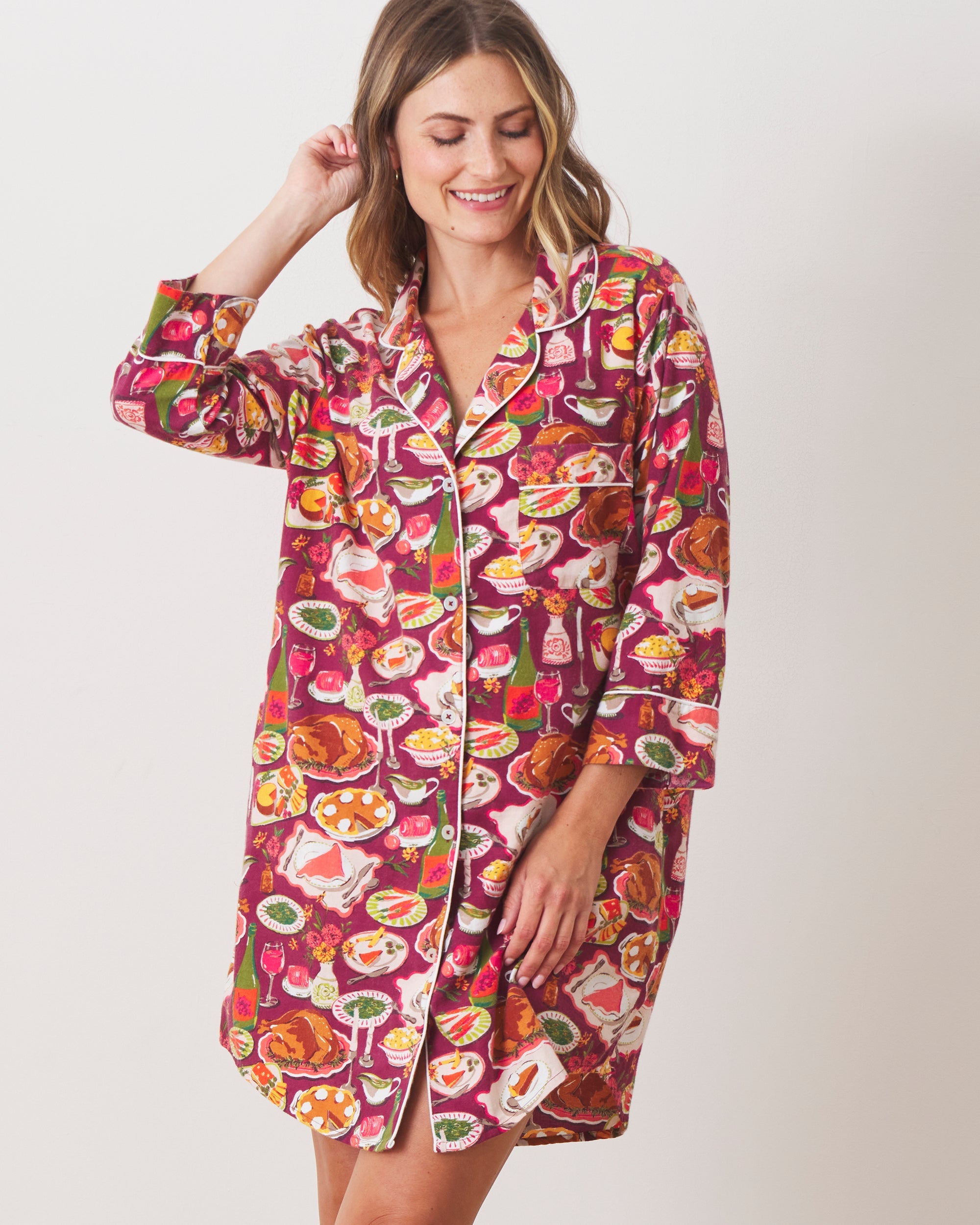 Festive Feast - Lightweight Flannel Sleep Shirt - Cranberry Sauce