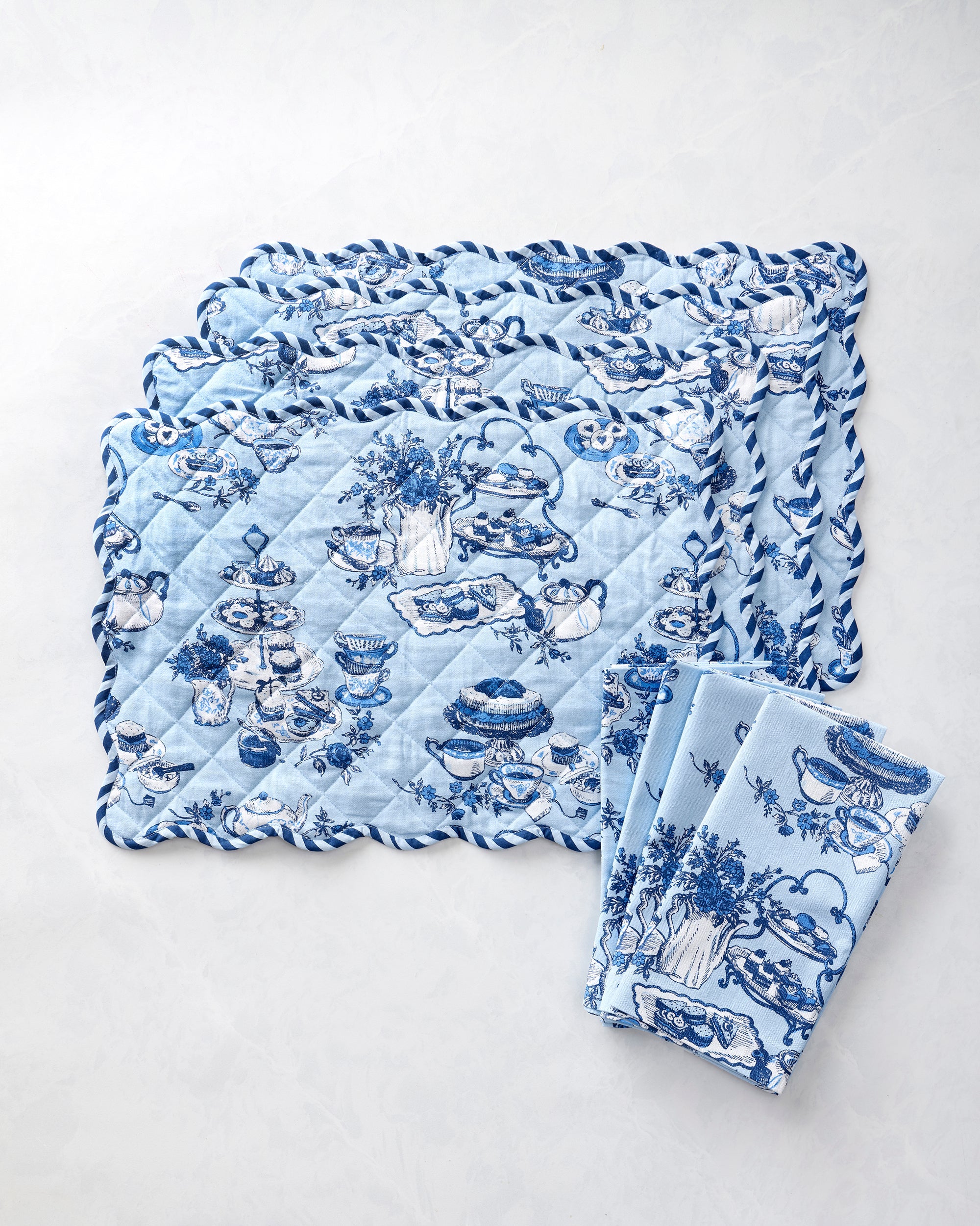 High Tea Toile - Set of 4 Placemats & Napkins Bundle - Notting Hill Blue
