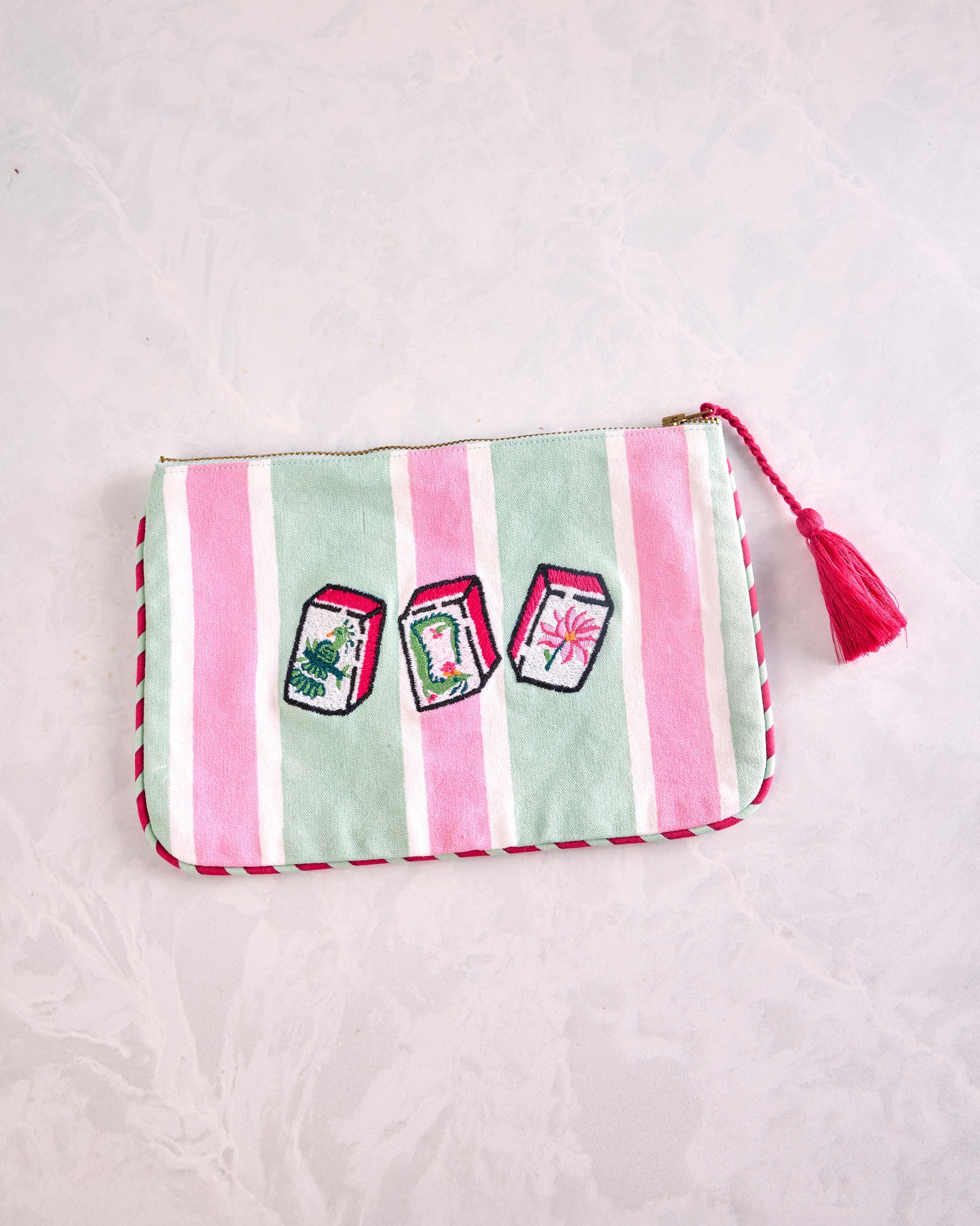Mah Jongg Menagerie - Canvas Pouch - Pale Jade