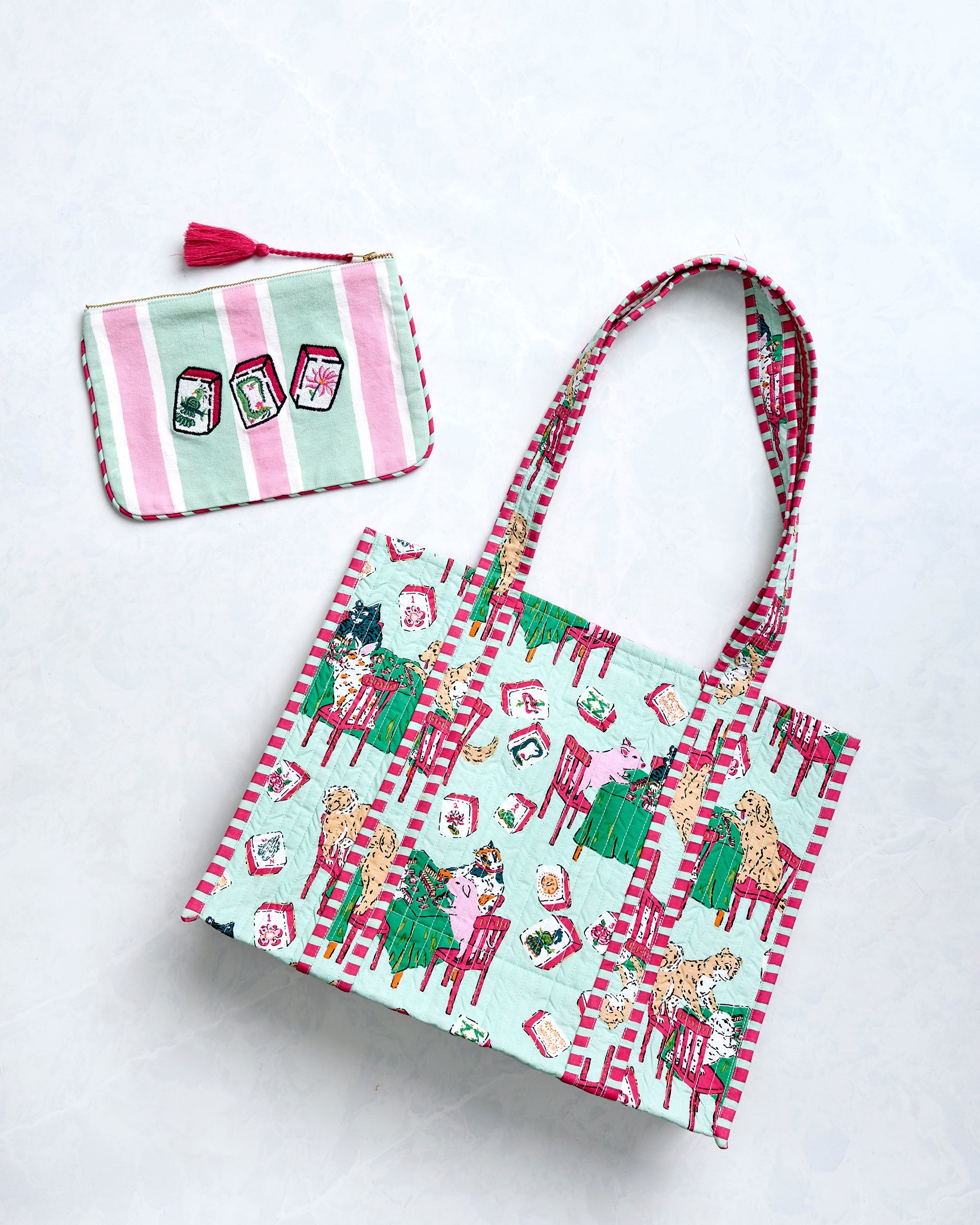 Mah Jongg Menagerie - Petite Traveler Tote & Embroidered Pouch Bundle - Pale Jade