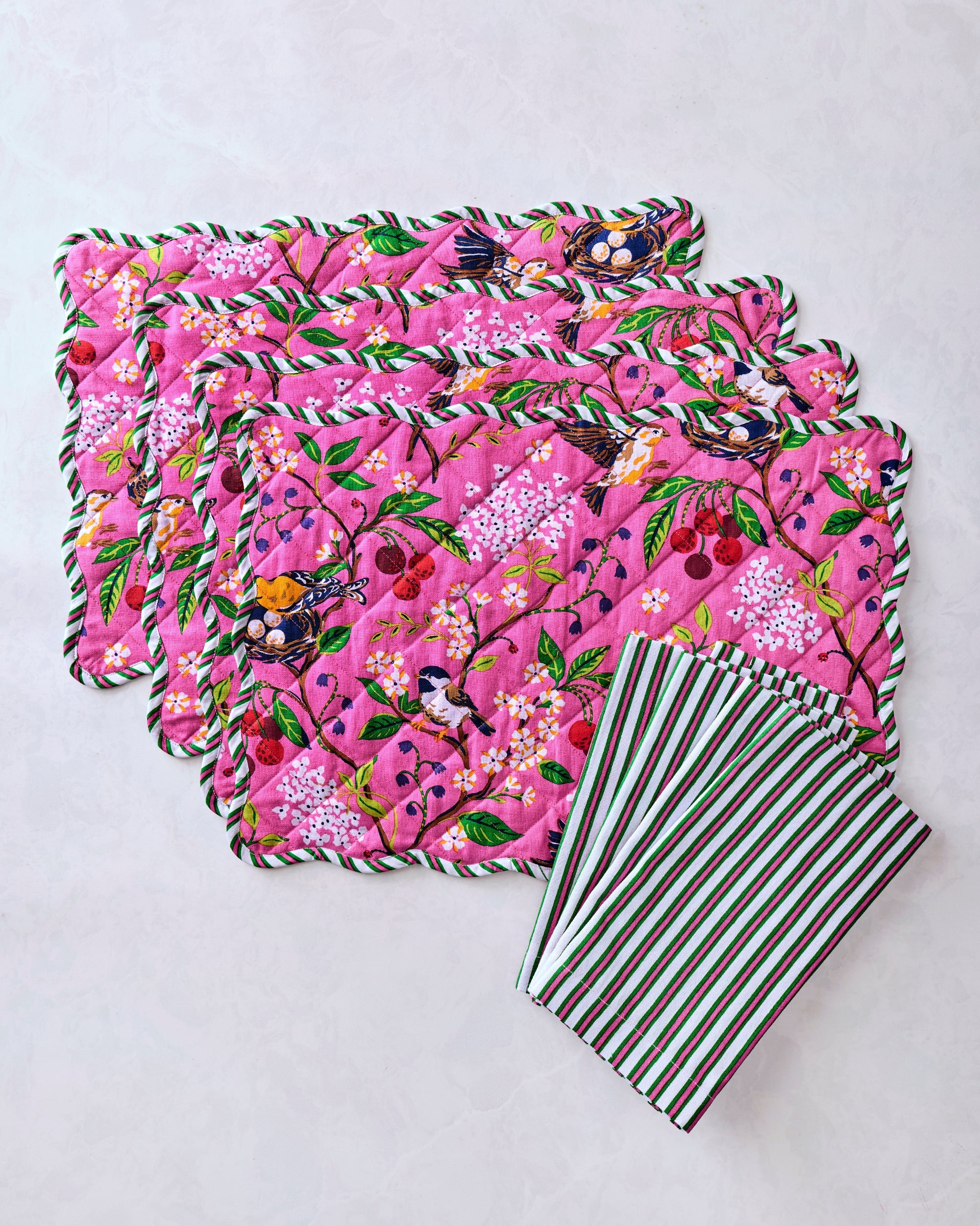 Bird & Bloom/Posh Stripe - Set of Placemats & Napkin Bundle - Fuchsia Berry