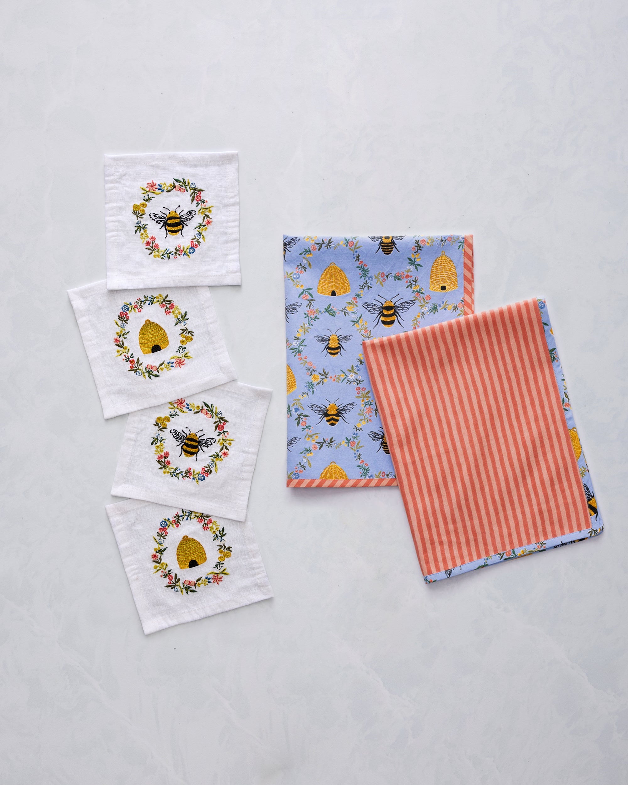 Sweet Bee - Tea Towels & Cocktail Napkins Bundle - Soft Blue
