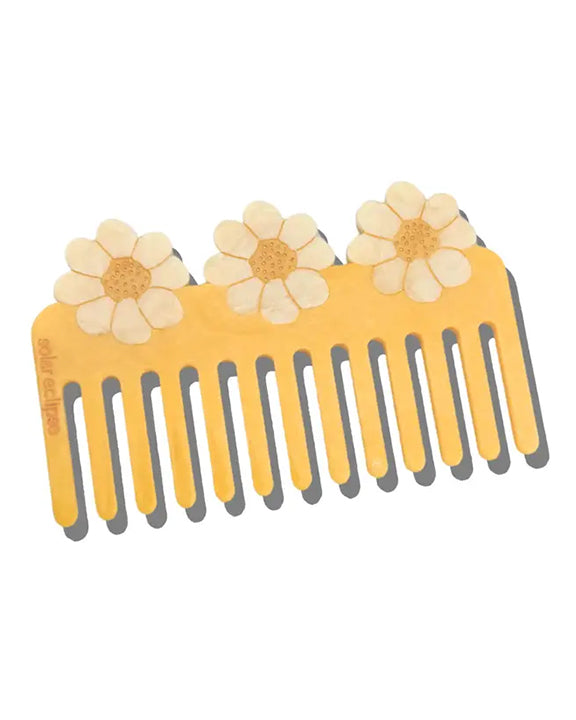 Yellow - Hand Painted Vintage Daisy Detangling Wide Tooth Comb - Solar Eclipse