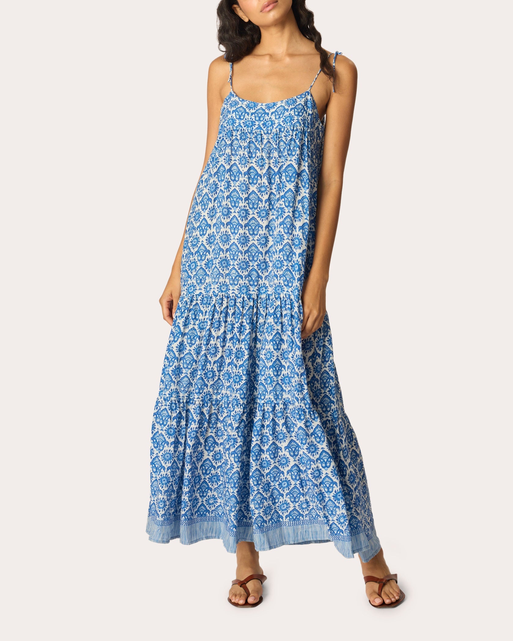 Melanie Fleur de Lis Tiered Drop-Waist Maxi Dress