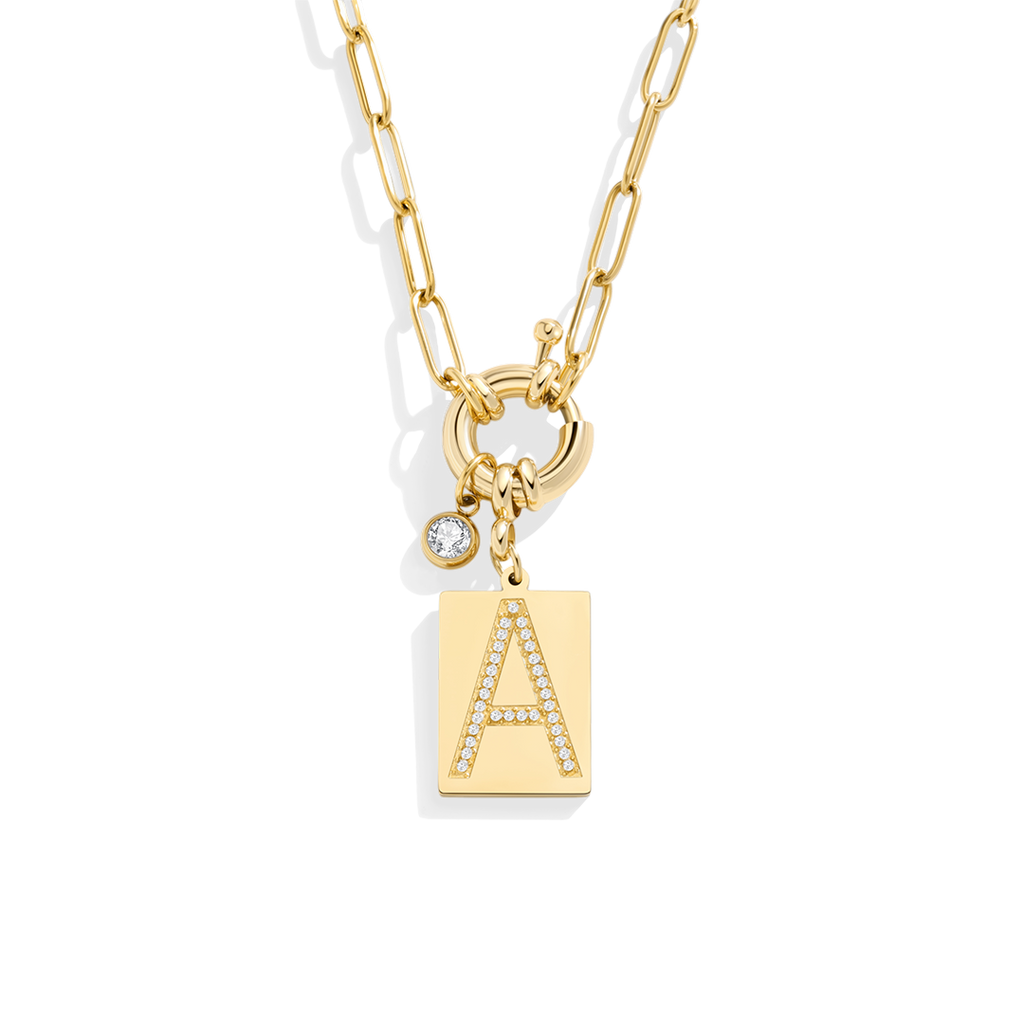 Pave Initial Pendant Necklace with Paperclip Chain