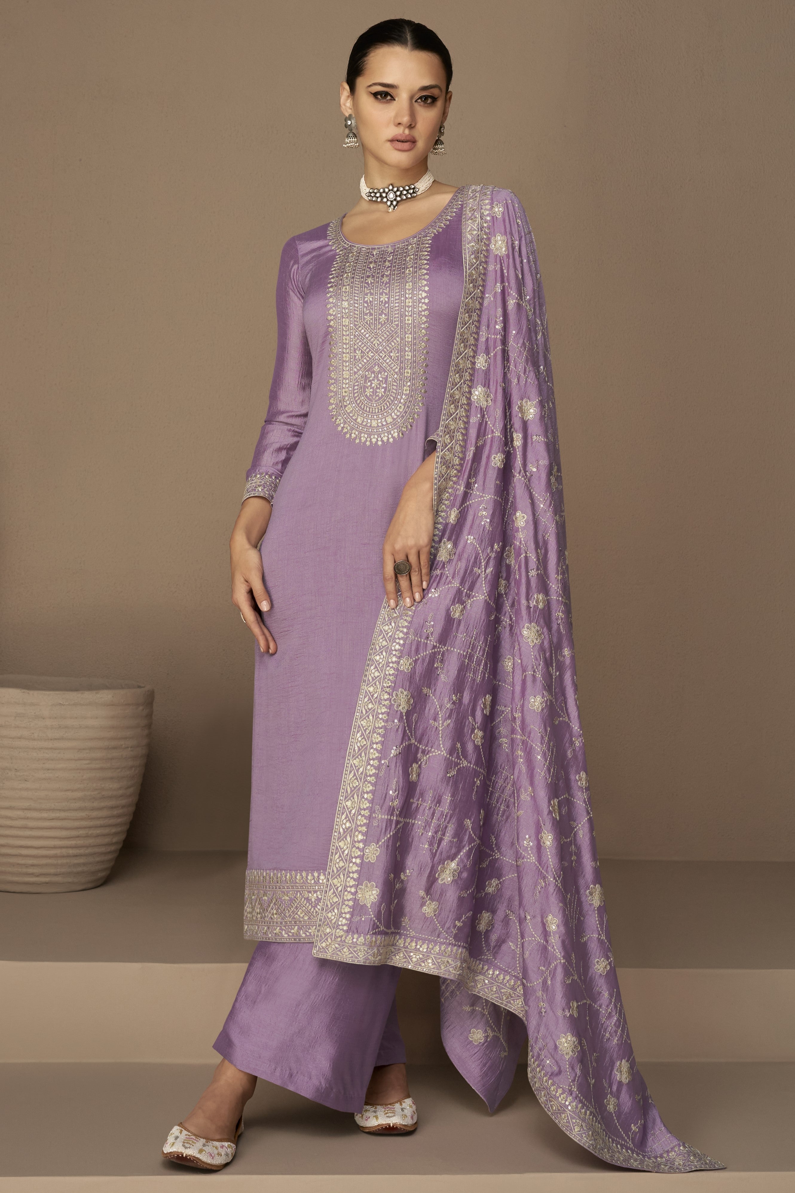 Purple Chinon Silk Kameez Pant Suit For Indian Festivals & Weddings - Thread Sequin Embroidery Work,
