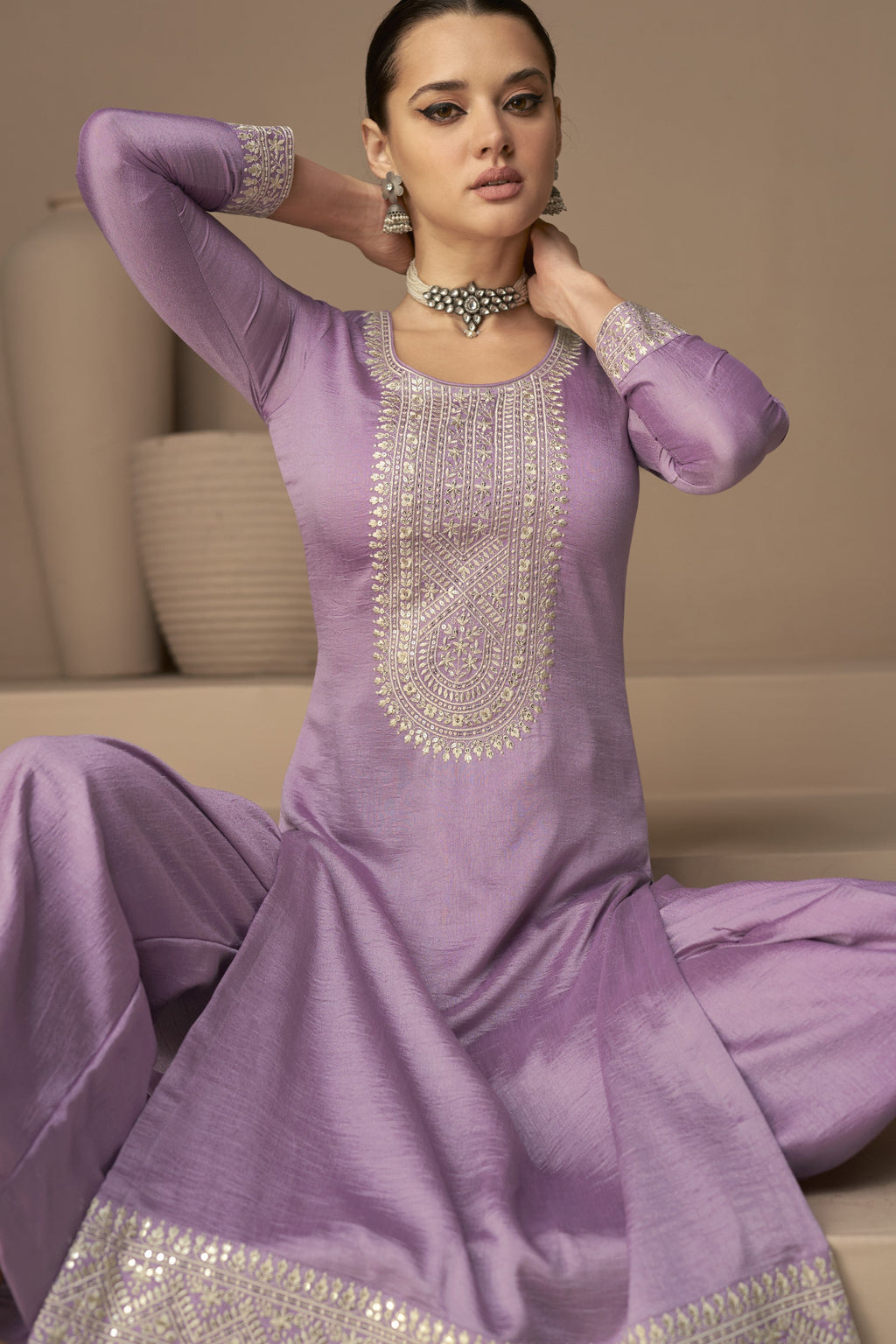 Purple Chinon Silk Kameez Pant Suit For Indian Festivals & Weddings - Thread Sequin Embroidery Work,
