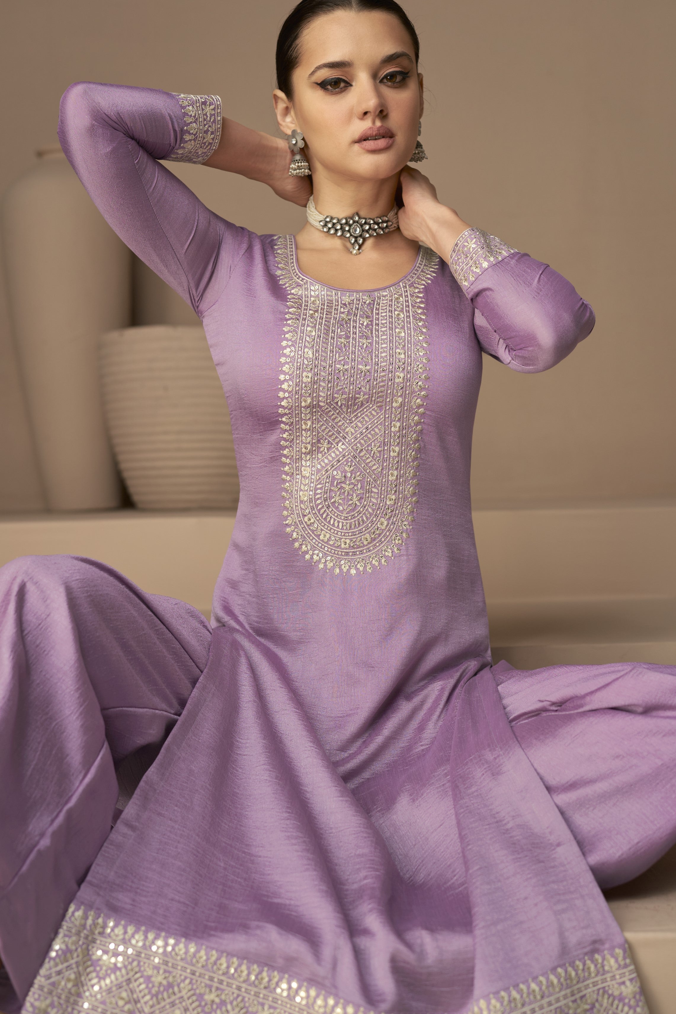 Purple Chinon Silk Kameez Pant Suit For Indian Festivals & Weddings - Thread Sequin Embroidery Work,