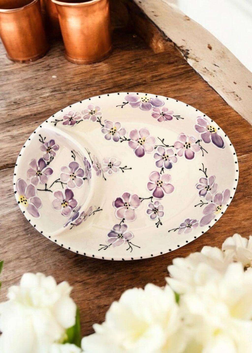 Hand-Painted Oval Ceramic Chip & Dip Bowl