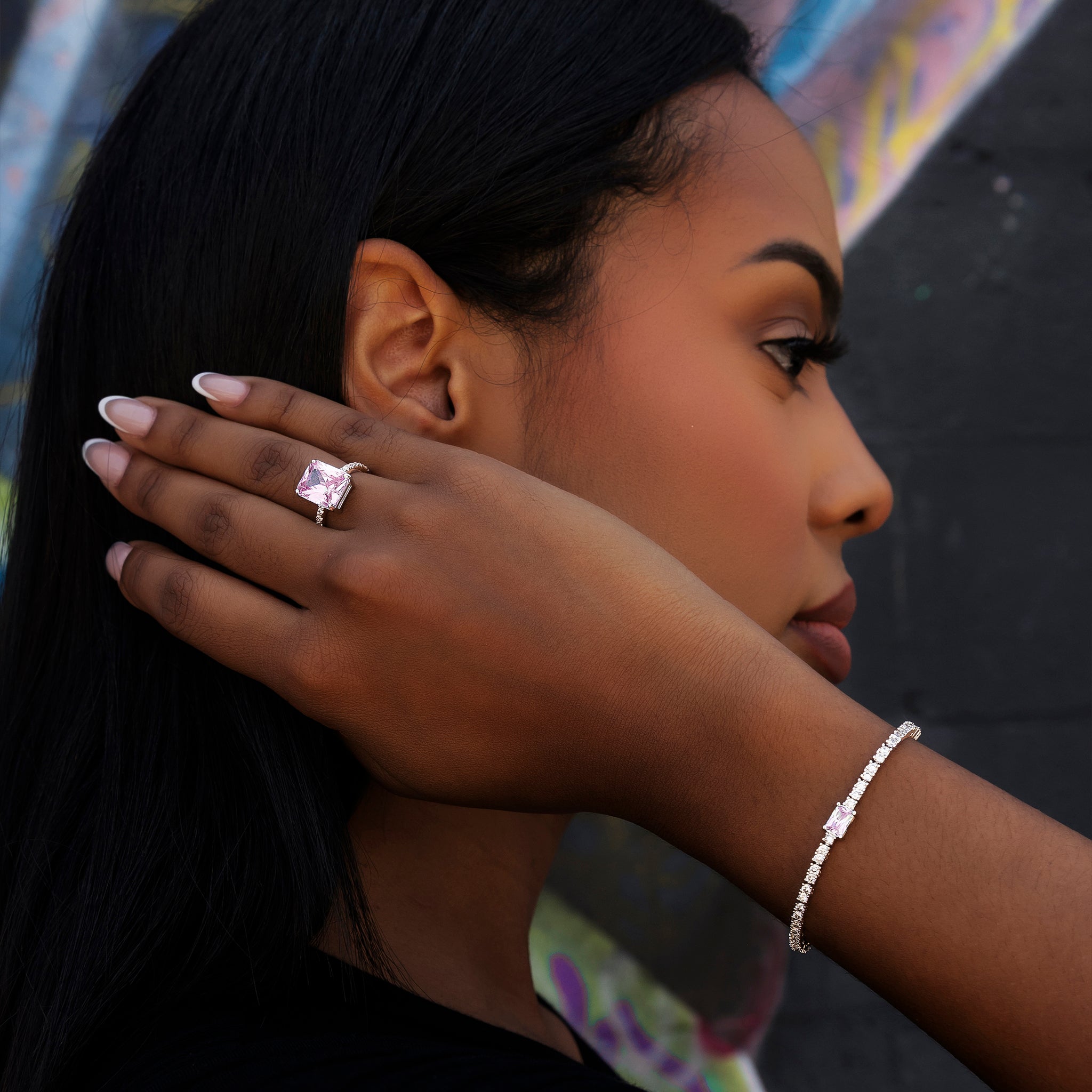 Pink Iced Rock Diamond Tennis Bracelet + Pink Cocktail Ring in White Gold