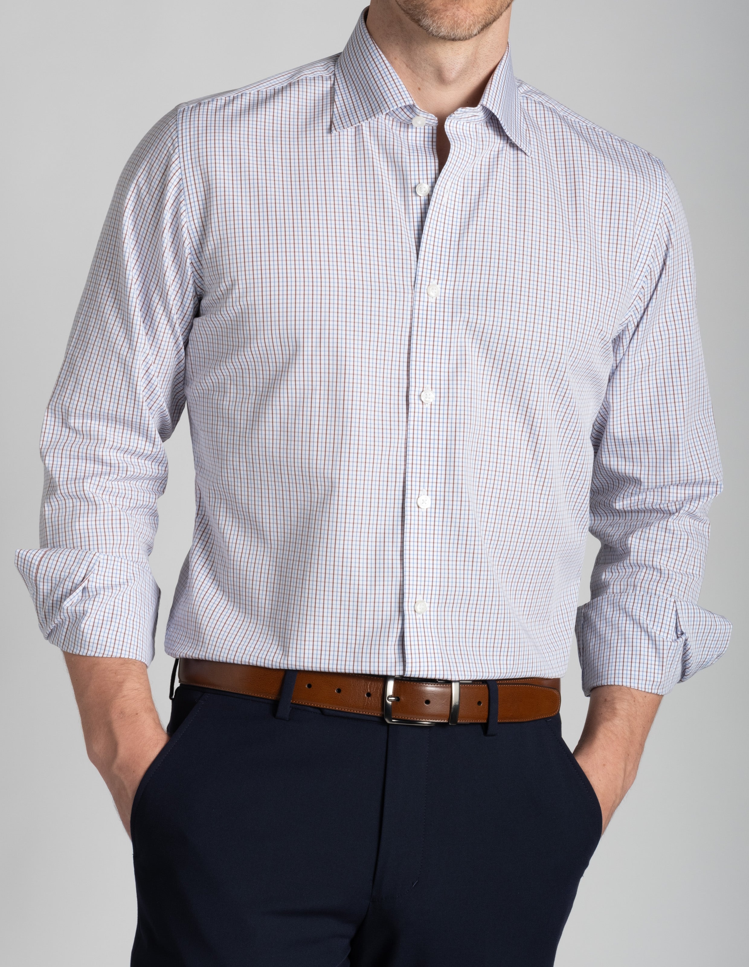 Wrinkle-Resistant Poplin - Brown and Blue Tattersall