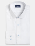 Wrinkle-Resistant Stretch Herringbone - White with Light Blue Button