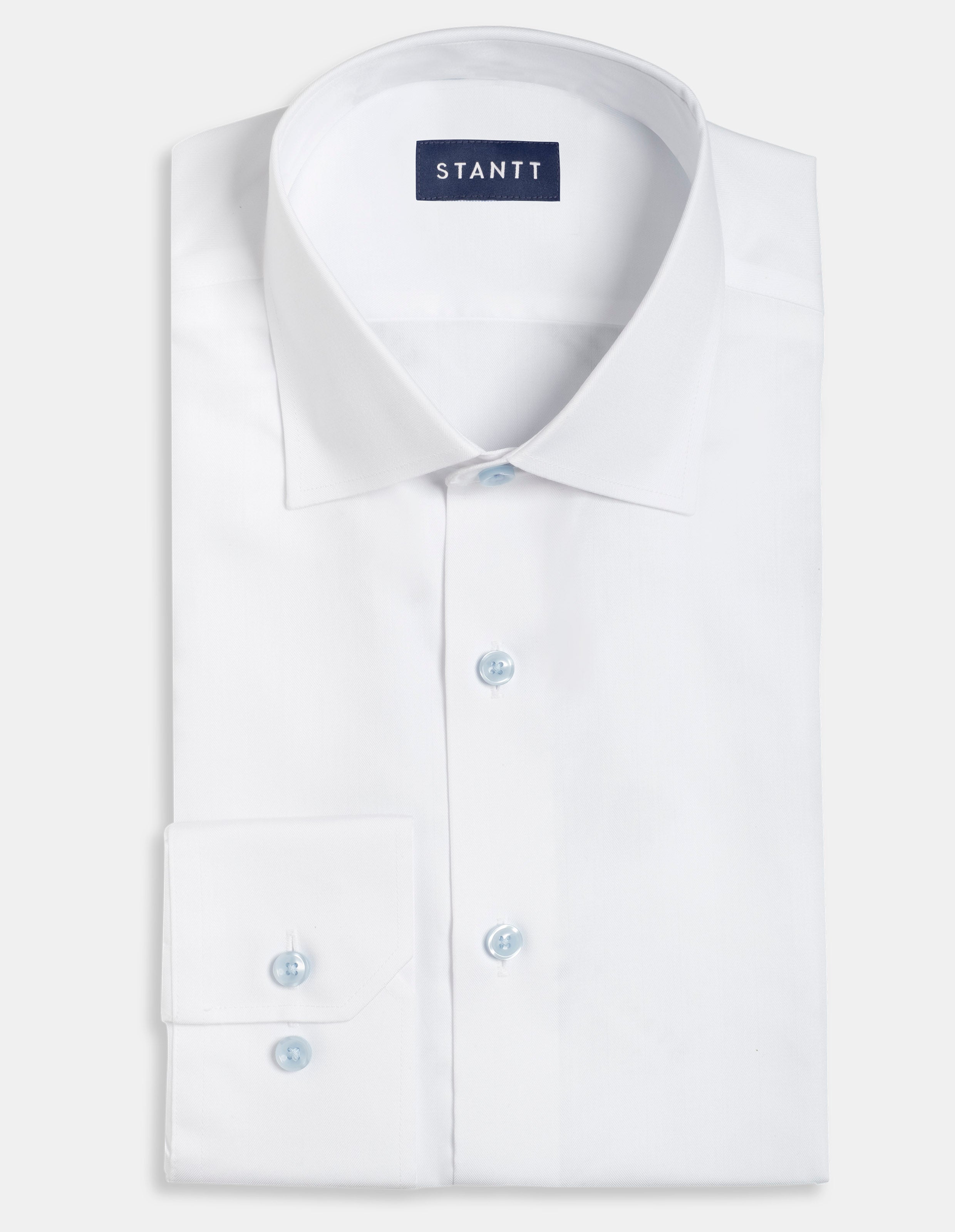 Wrinkle-Resistant Stretch Herringbone - White with Light Blue Button