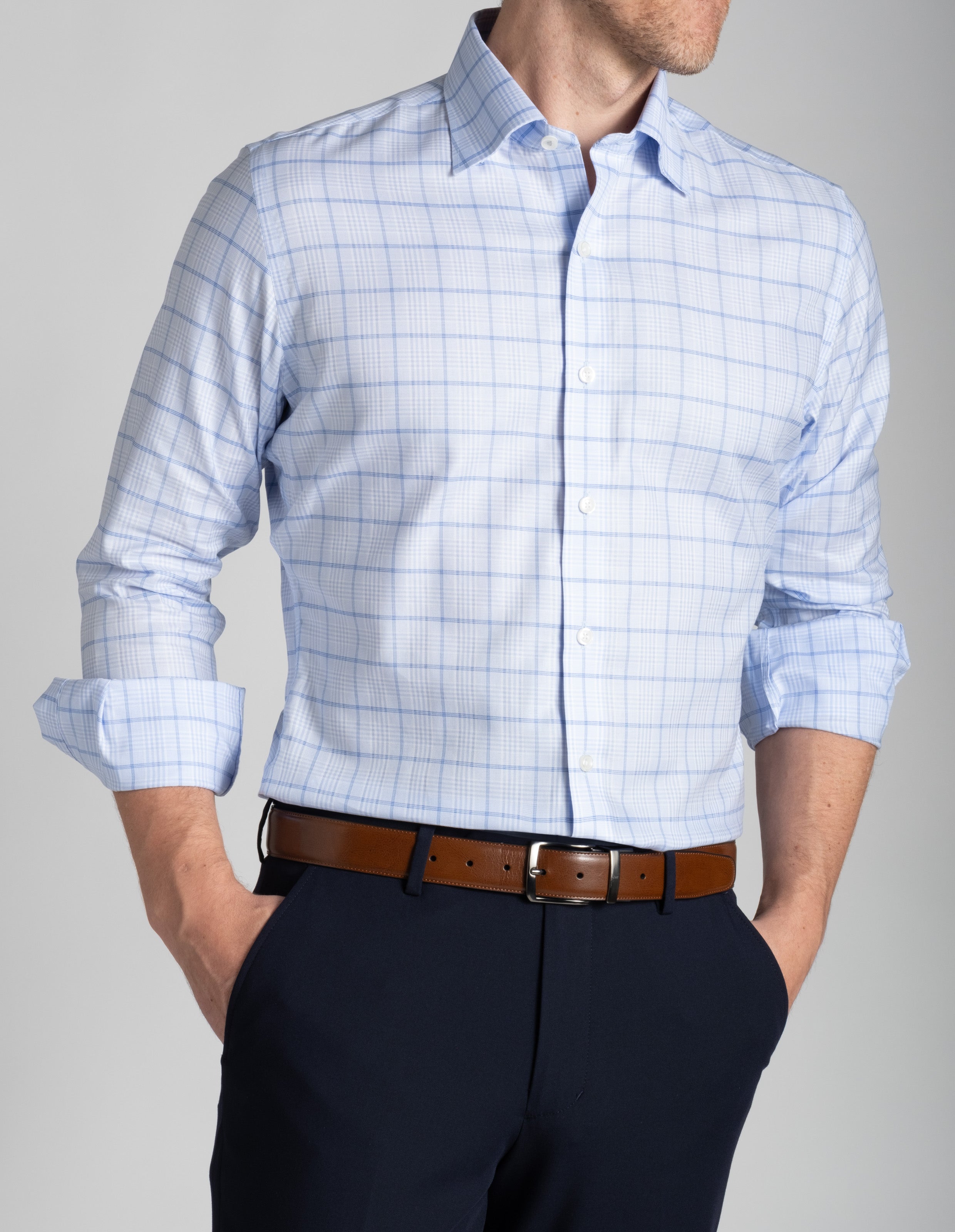Wrinkle-Resistant Stretch Twill - Tonal Blue Stacked Check