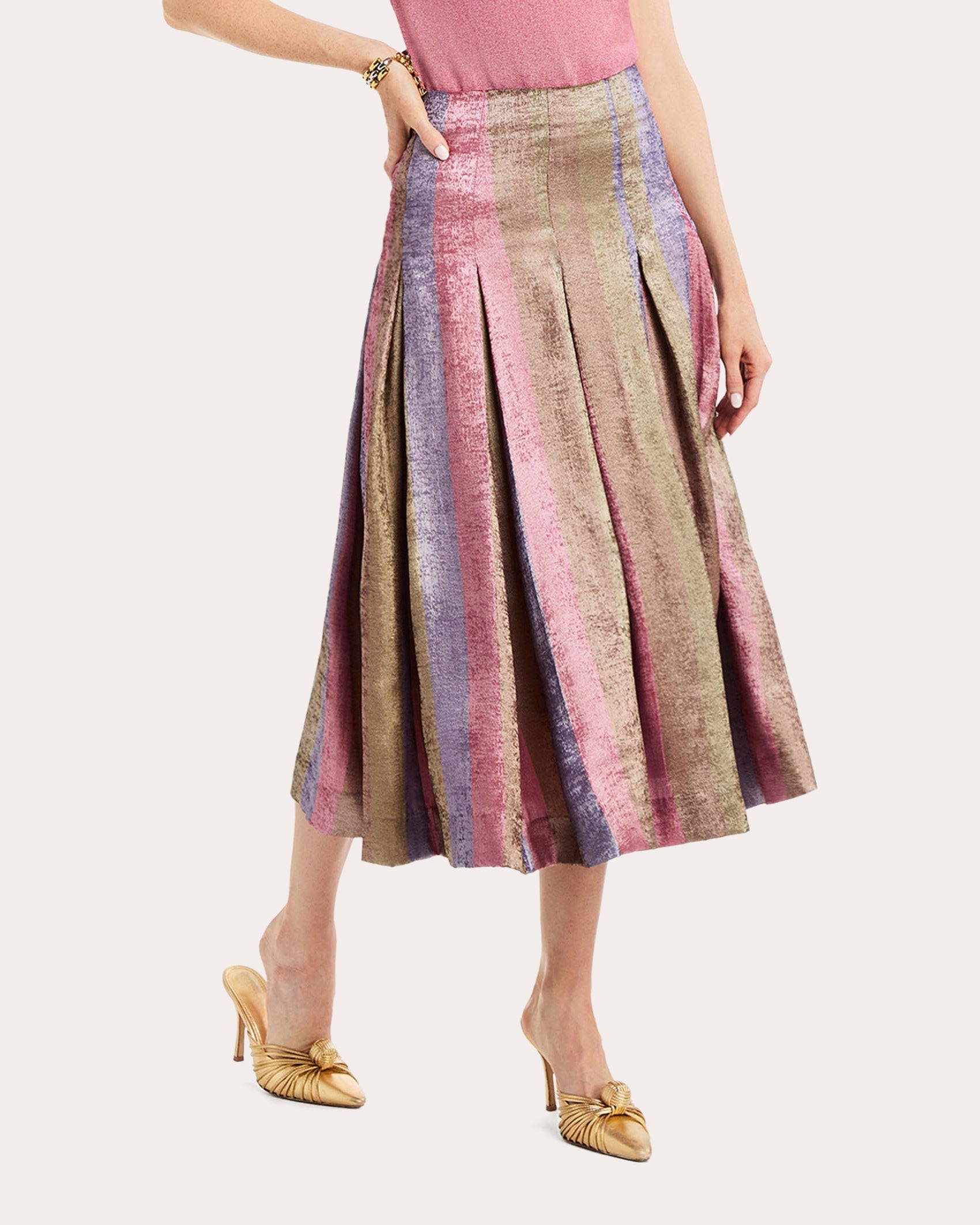 Seville Metallic Stripe Pleated Midi Skirt