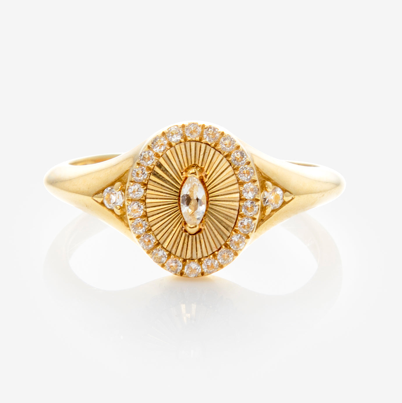 Solid Gold White Topaz Etched Signet Pinky Ring