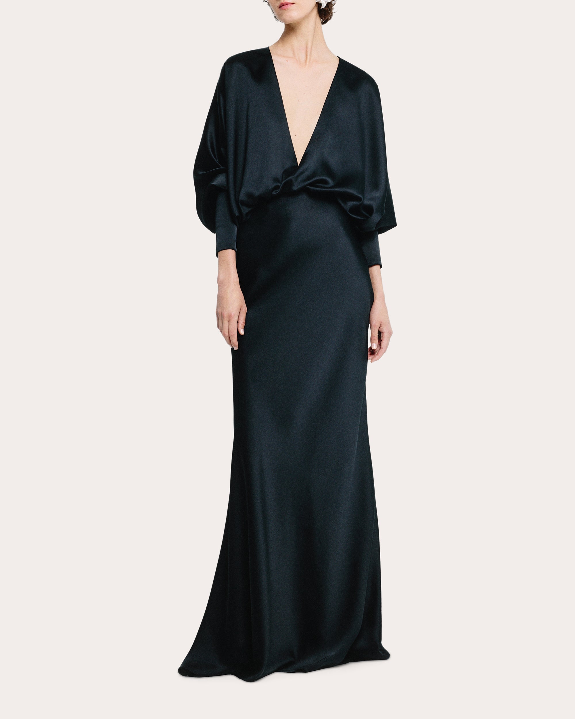 Draped V-Neck Blouson Satin Gown