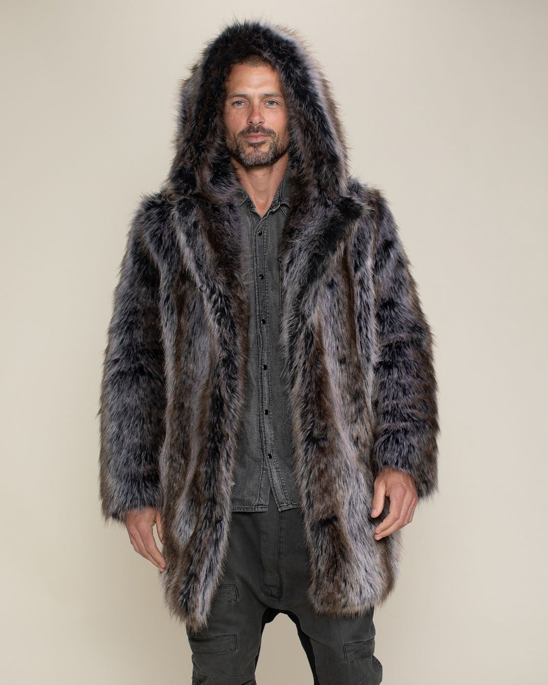 Hooded Men's Faux Fur Coat | Grey Wolf