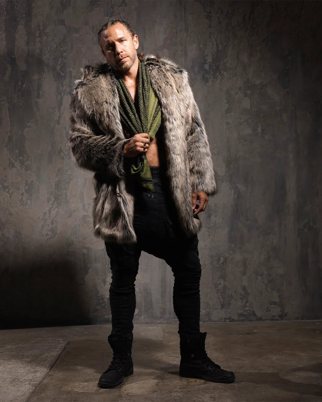 Hooded Men's Faux Fur Coat | Grey Wolf