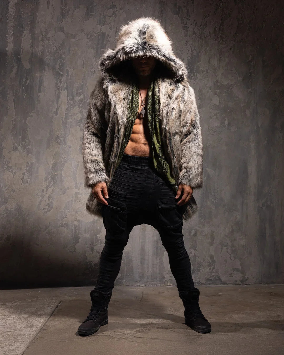Hooded Men's Faux Fur Coat | Grey Wolf