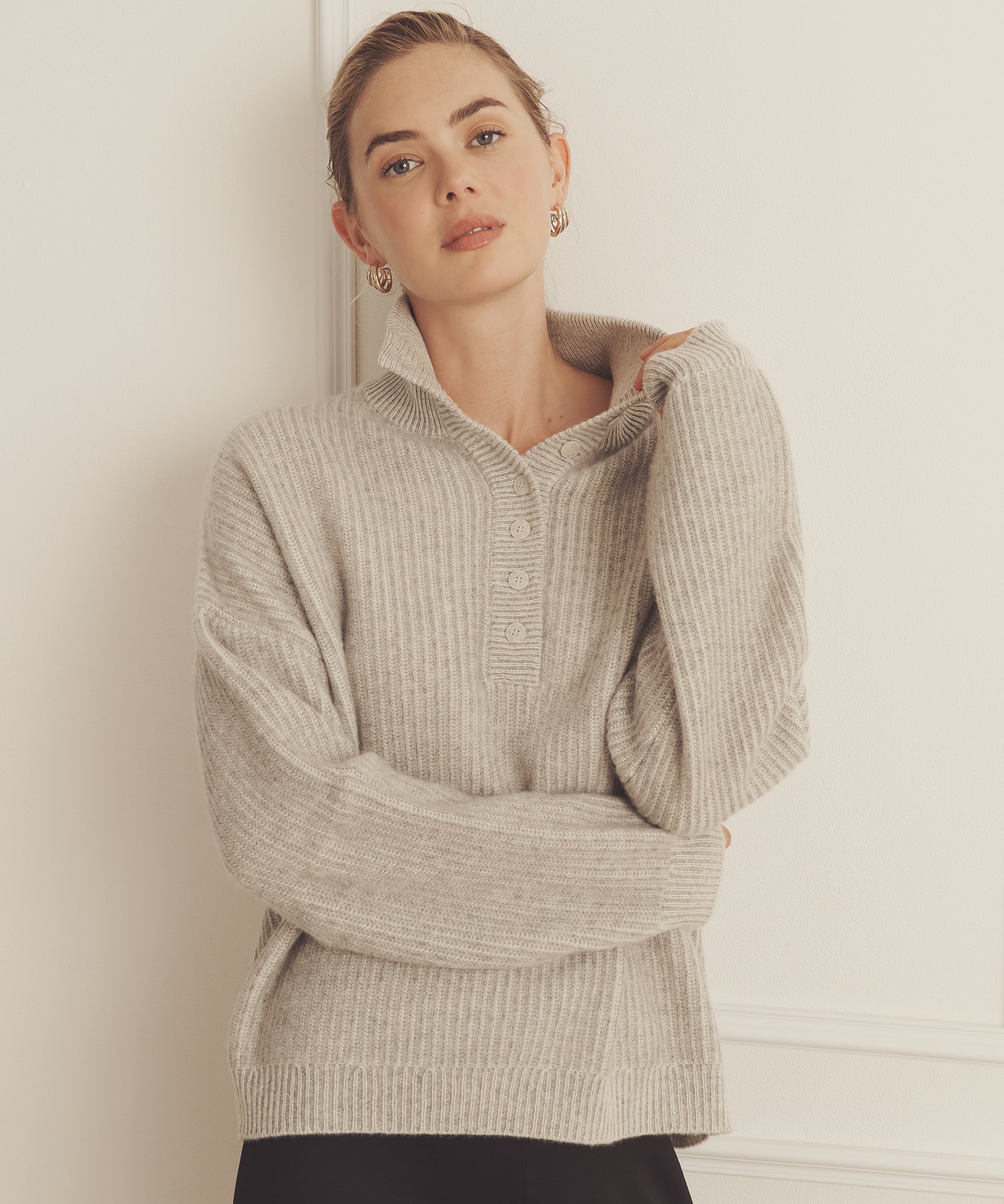Super Luxe Cashmere Color Plaited High Neck Henley