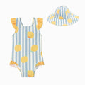 Lemon Stripe Frilled Swimsuit & Floppy Hat