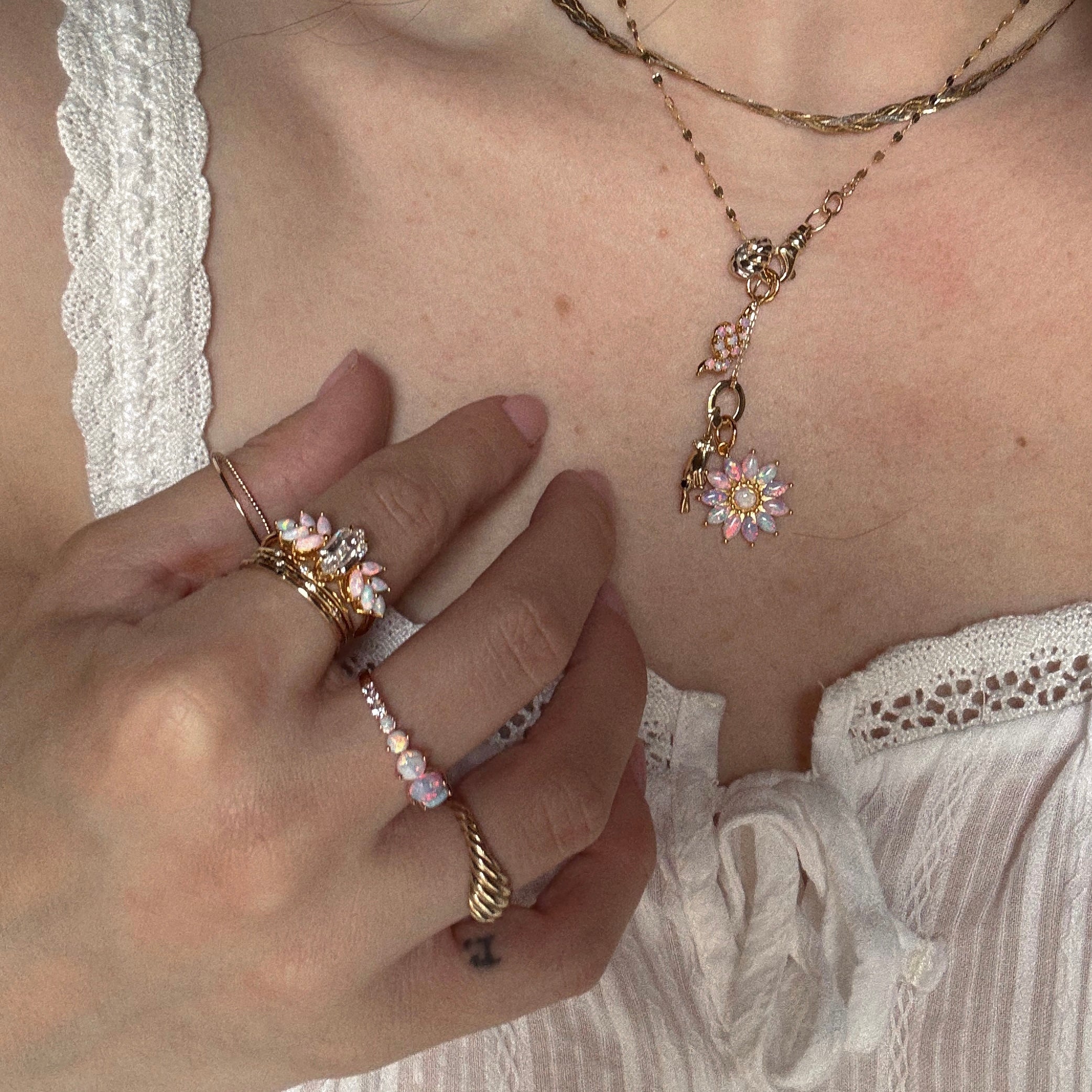 Pink Opal Ombre and Topaz Lotus Ring