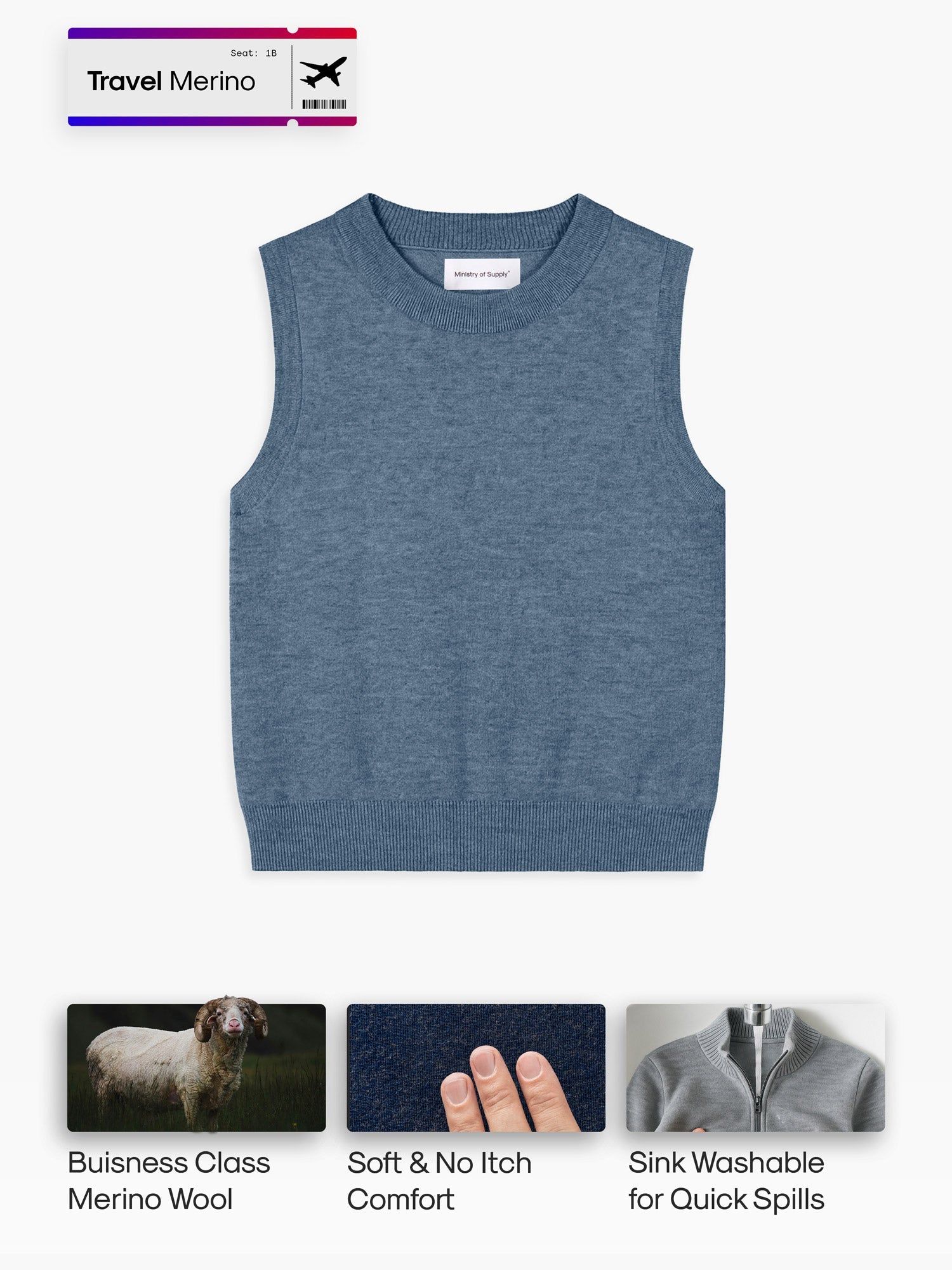 Women's Travel Merino Shell Vest - Denim Blue