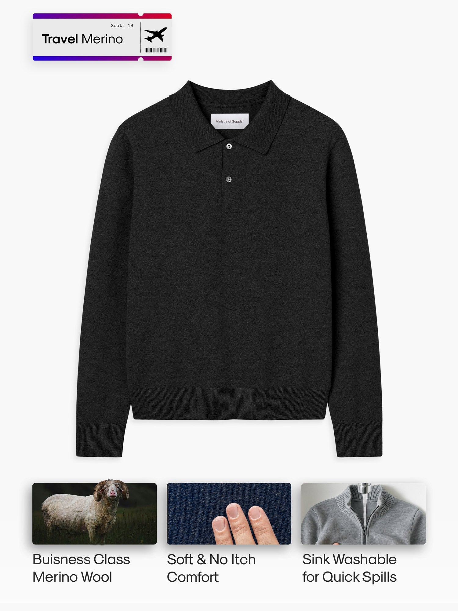Men's Travel Merino Polo Sweater - Black