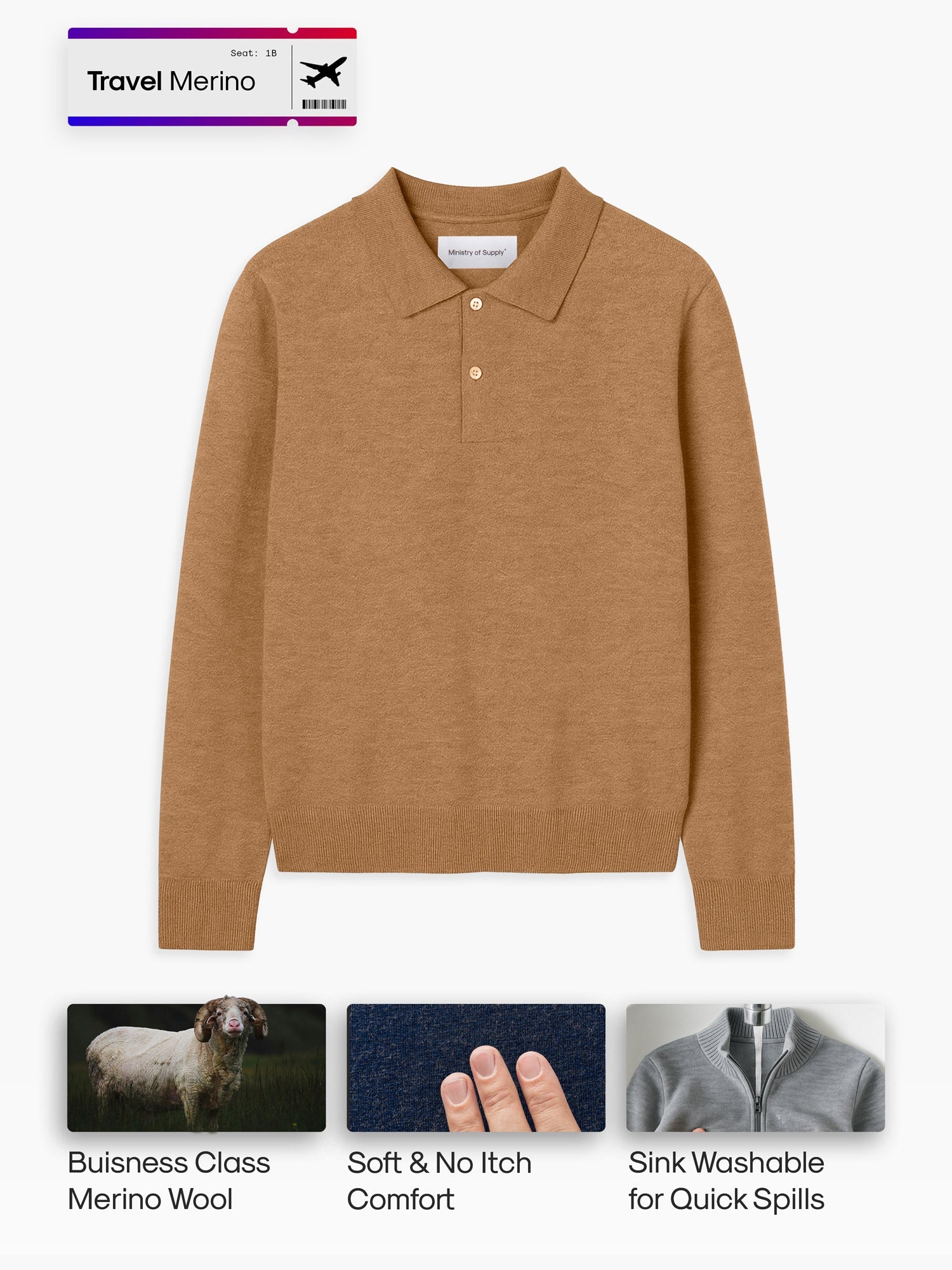 Men's Travel Merino Polo Sweater - Camel