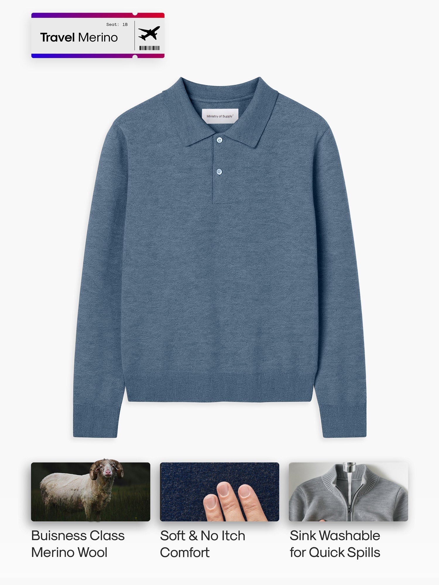 Men's Travel Merino Polo Sweater - Denim Blue