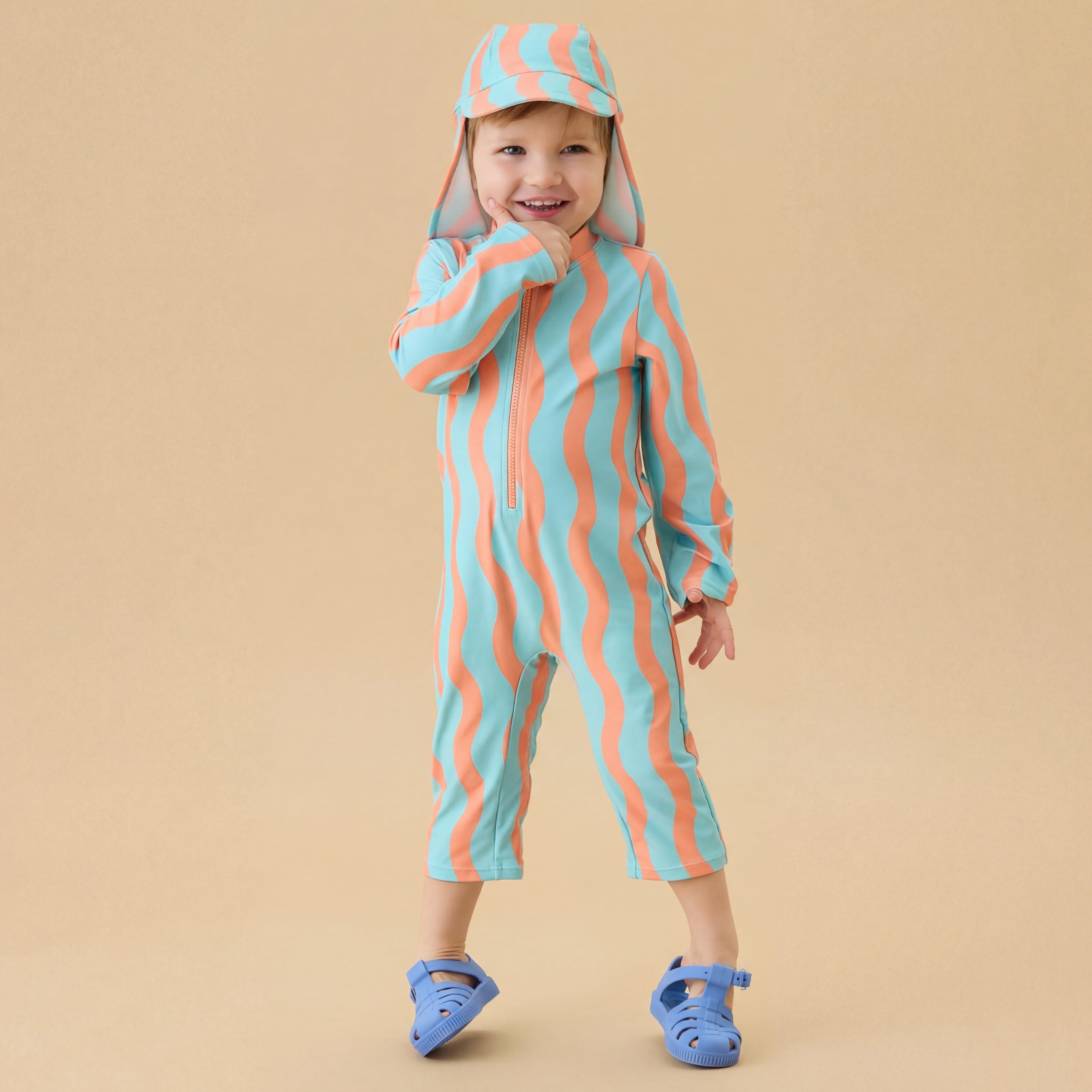 KIDLY by MORI Sunsafe Swimsuit & Hat - Orange Wavy Stripe