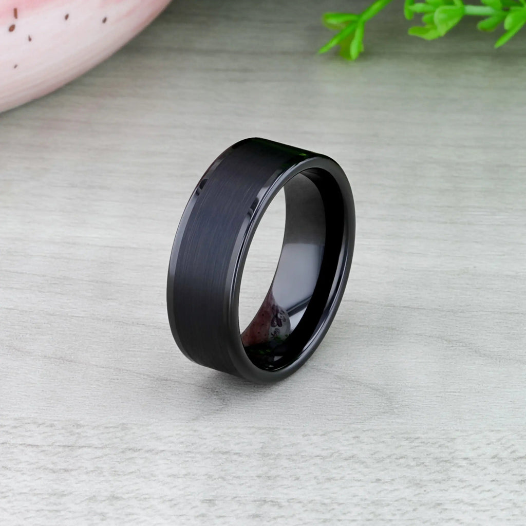 VULCAN Flat Black Tungsten Ring with Brushed Center & Polished Edges - 4mm to 12mm