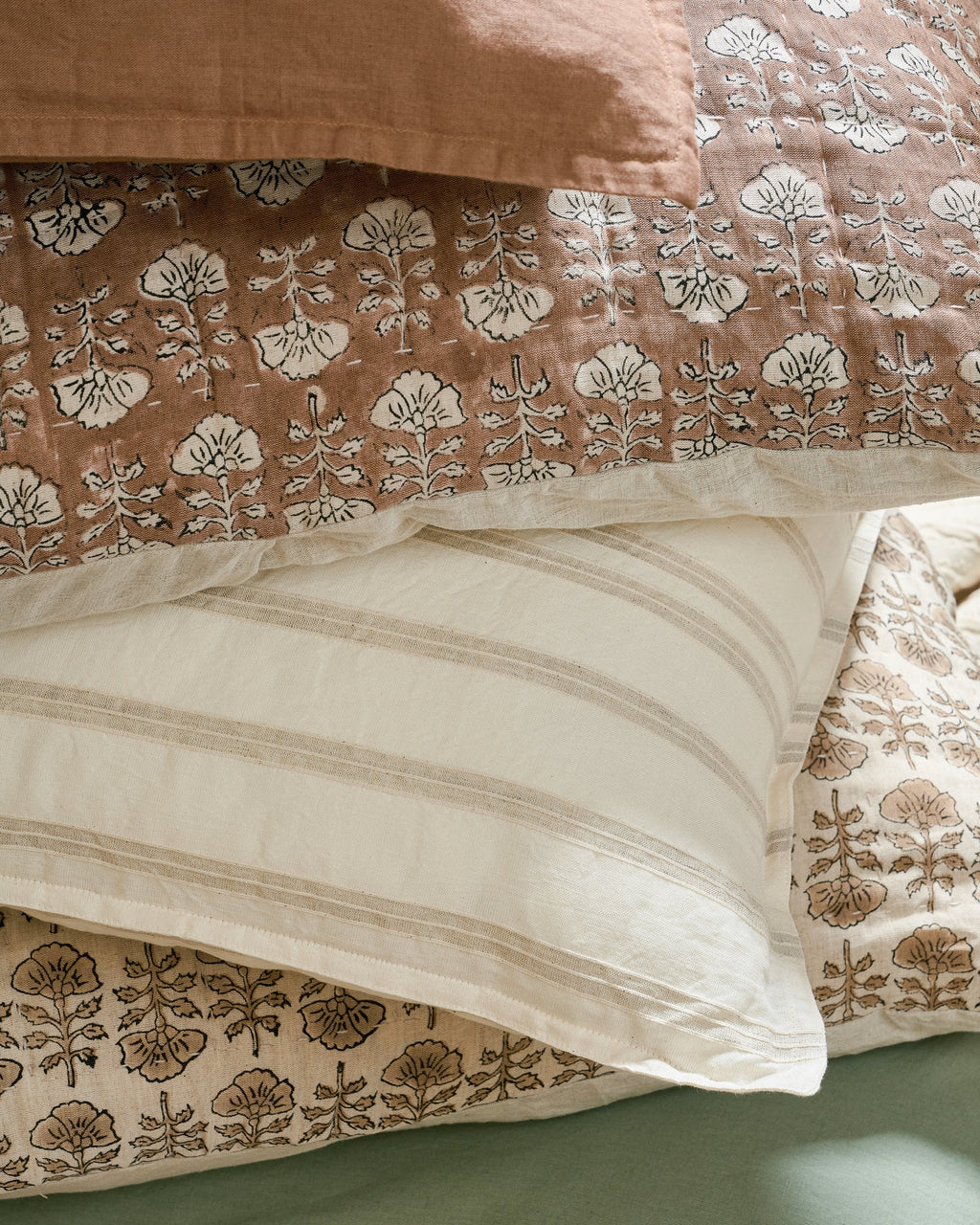 Embroidered Oatmeal Stripe Linen Cotton Pillow Sham