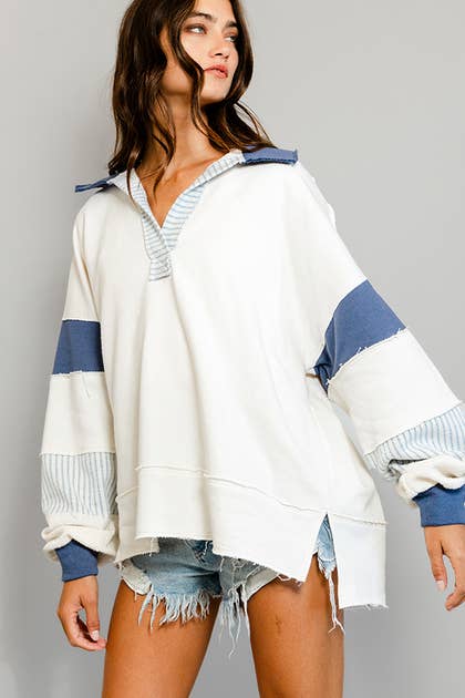 T2004 | French Terry Knit Color-block Collared Loose Fit Top
