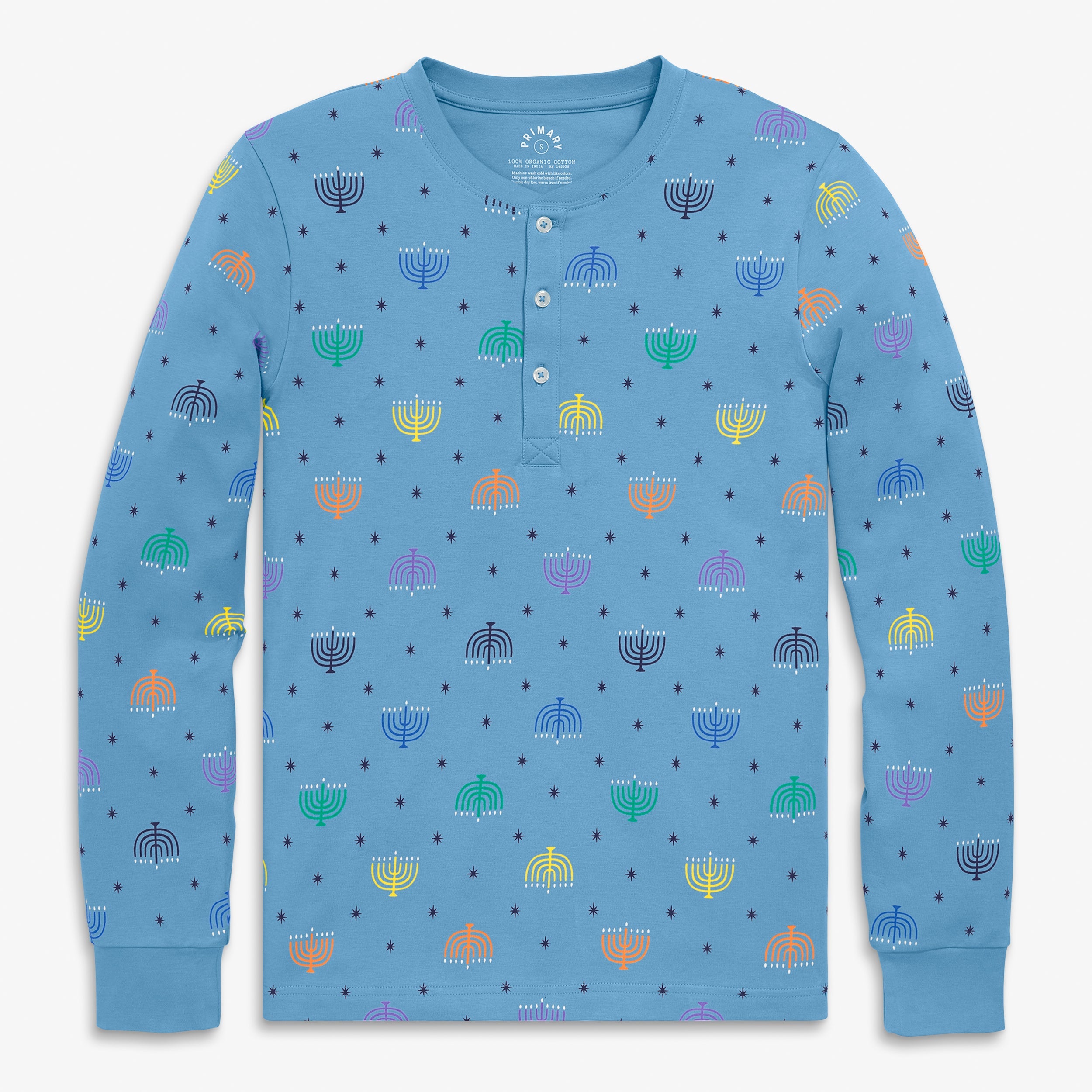 Adult organic henley PJ top in rainbow menorahs (unisex fit)