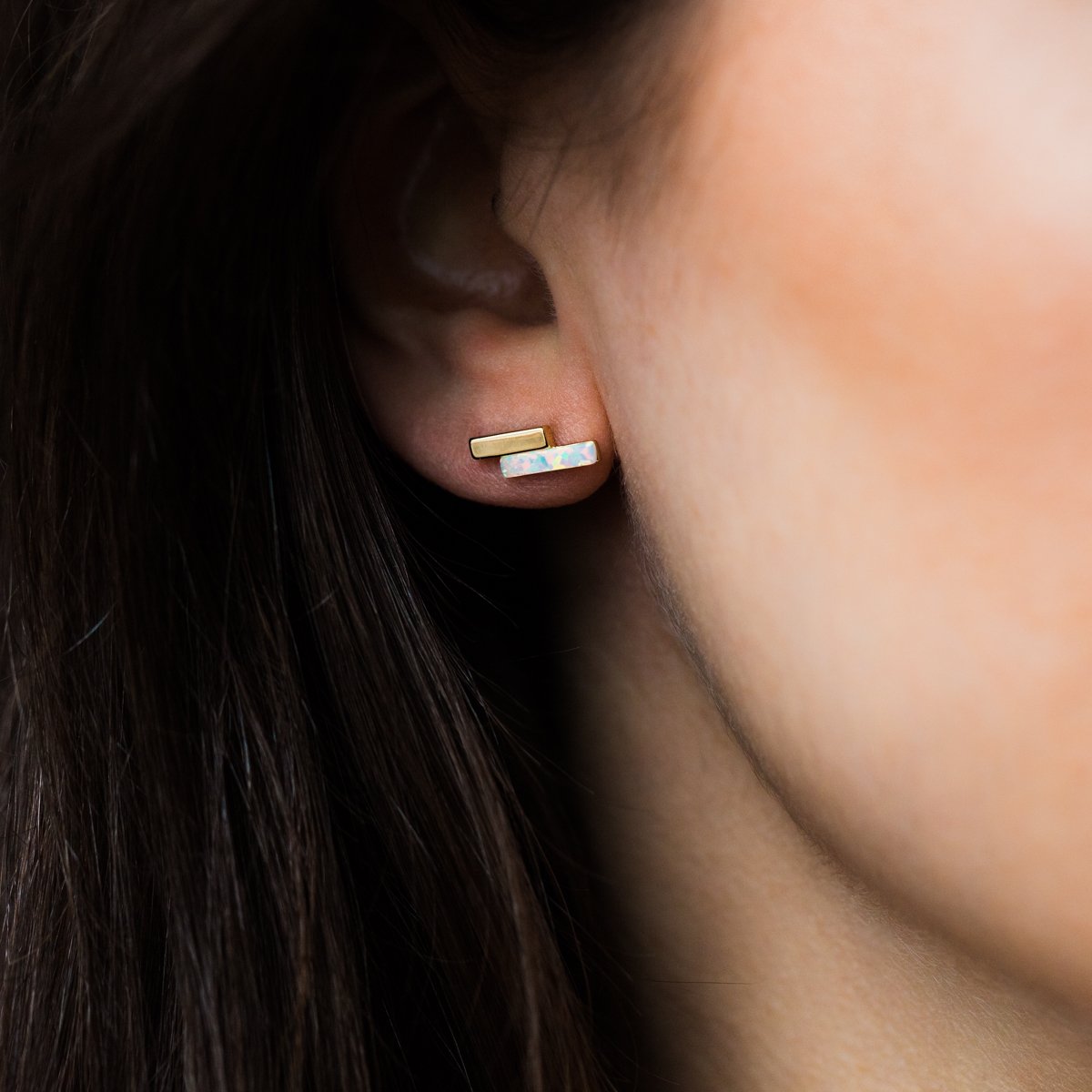 Mod Bar Gem Stud Earrings with Opal