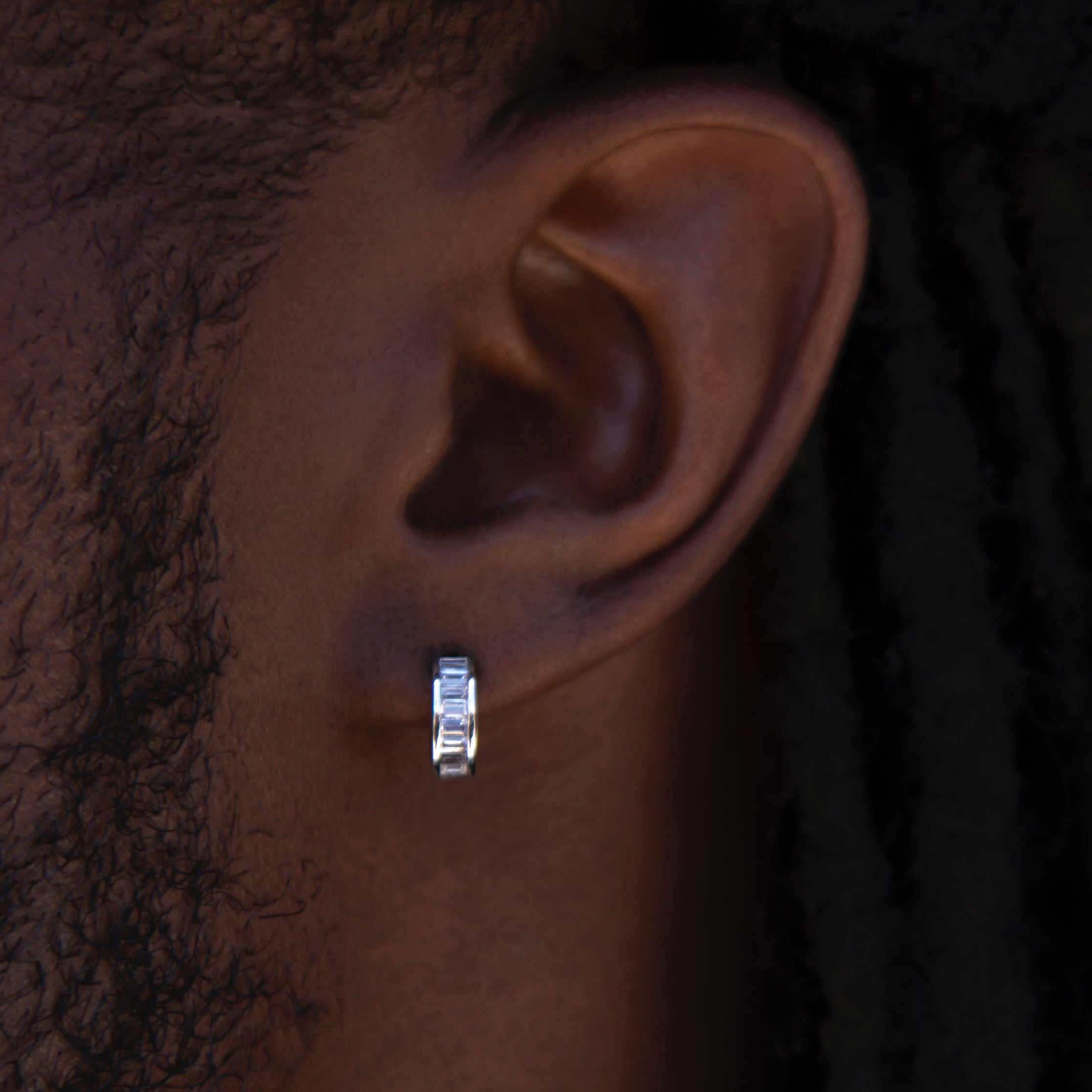 GLD Baguette Hoop Stud Earrings in White Gold