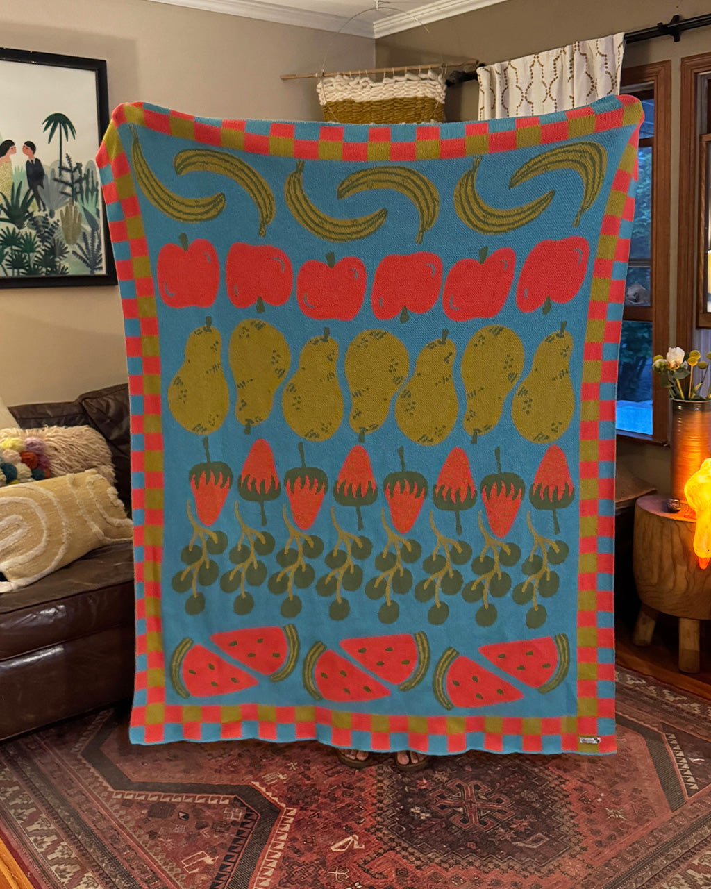 Fruit Lineup Knit Blanket -Aqua