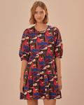 Black Wild Mushrooms Puff Sleeve Mini Dress