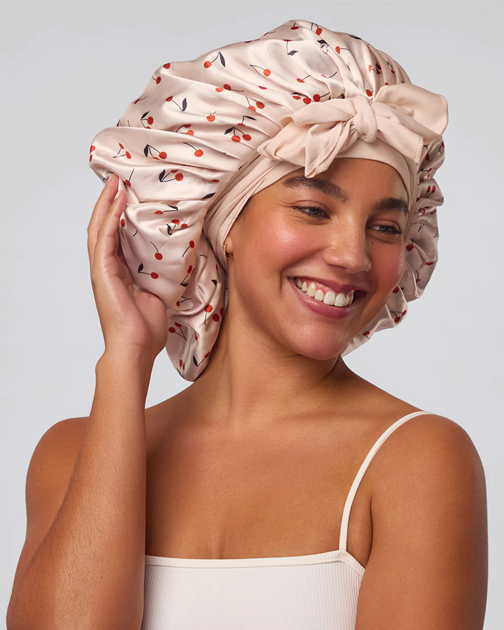Adjustable Oversized Satin Bonnet - Cherry Print