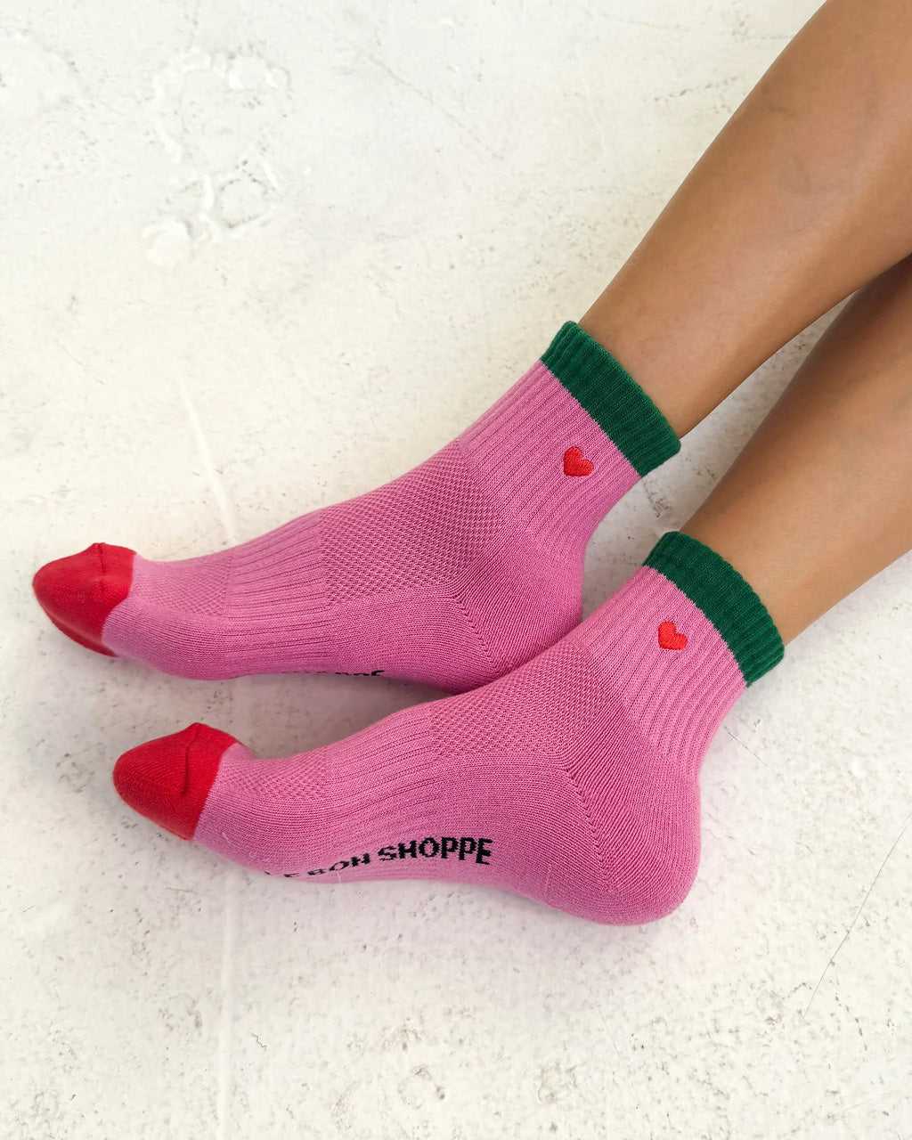 Embroidered Color Block Girlfriend Socks - Rose Green + Heart