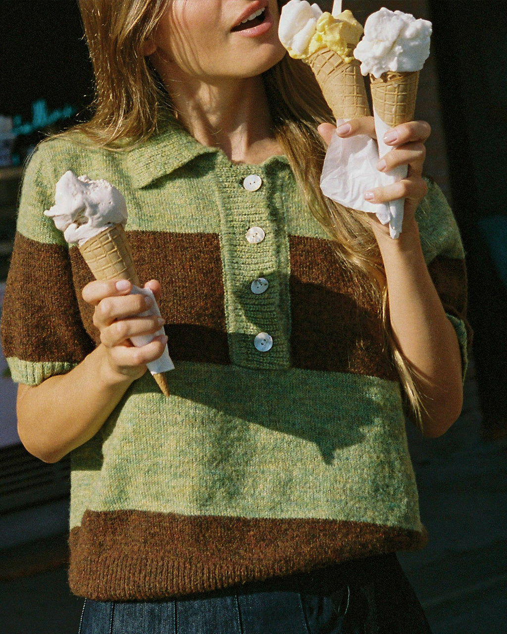 Molly Polo Sweater - Mocha + Pistachio Stripe