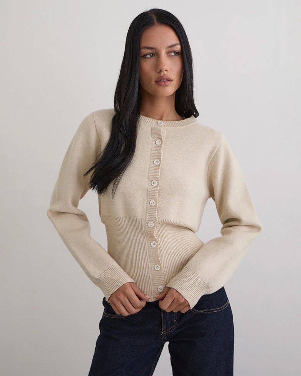 Subra Long Sleeve Ribbed Hem Cardigan - Ivory