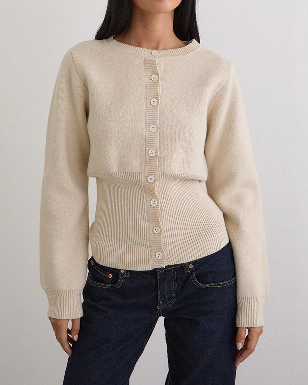 Subra Long Sleeve Ribbed Hem Cardigan - Ivory